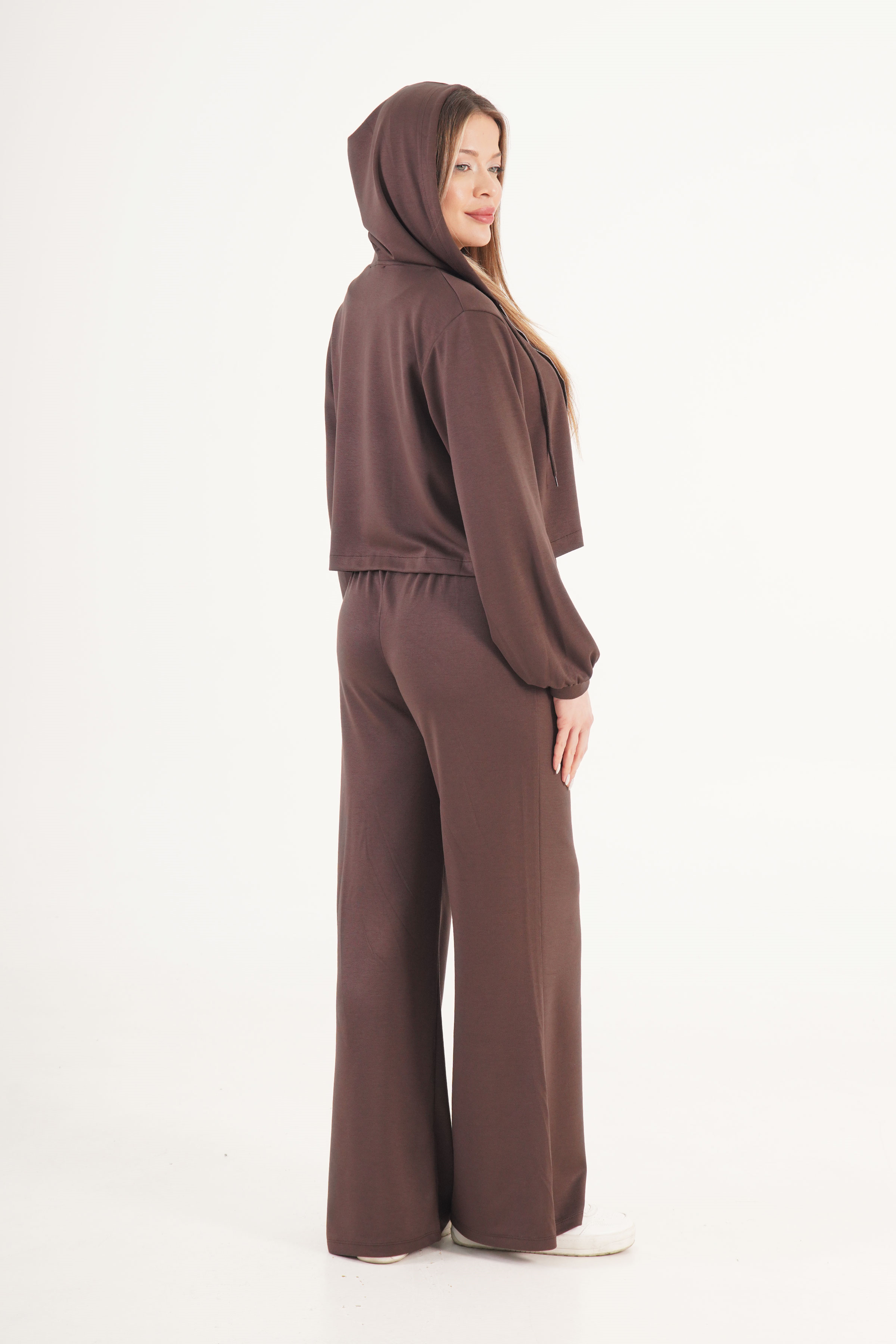 Modal Hırka Pantolon Crop Kahve Üçlü Takım - Görsel 4