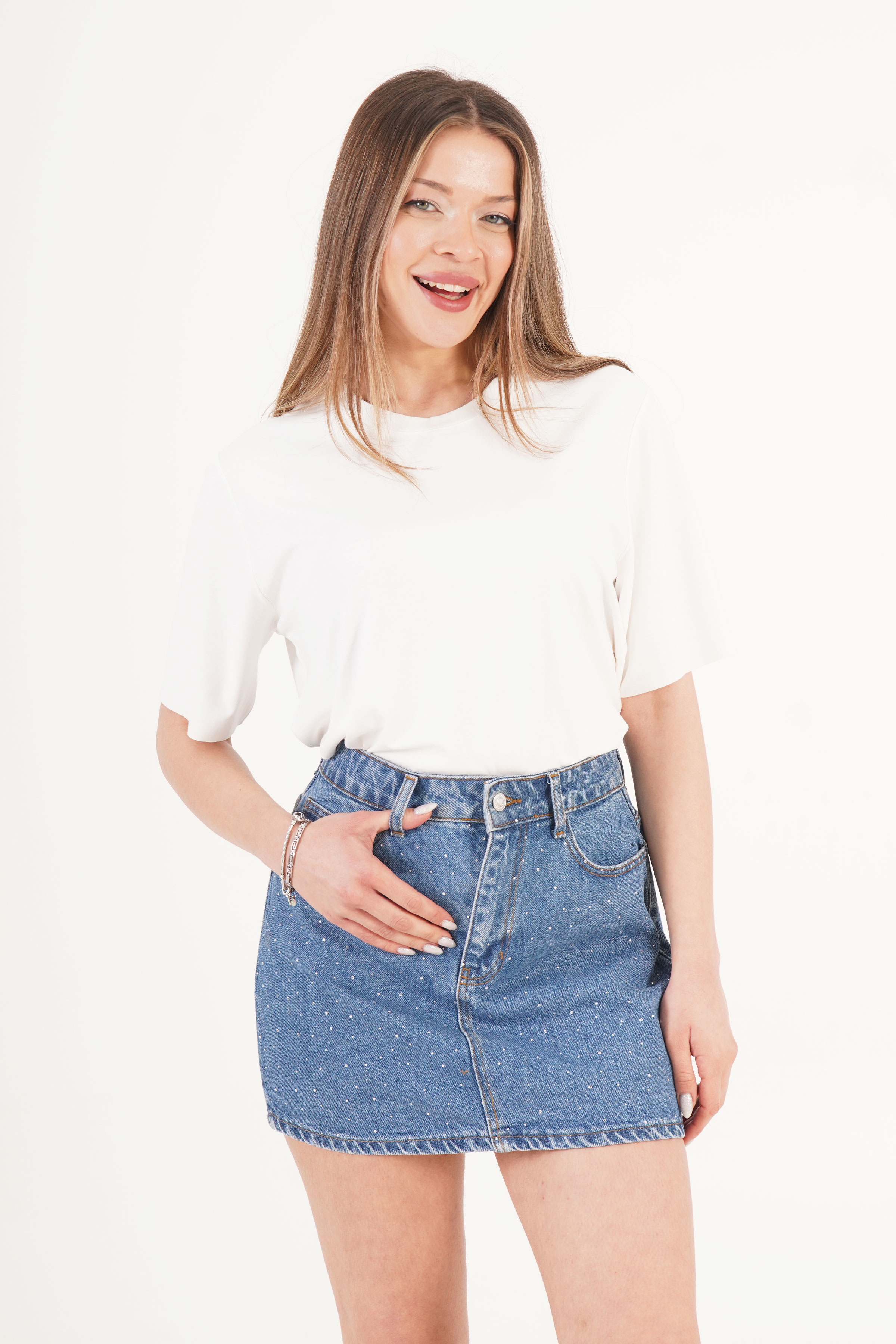 Taş İşlemeli Işıltılı Kot Mini Denim Etek - Görsel 4