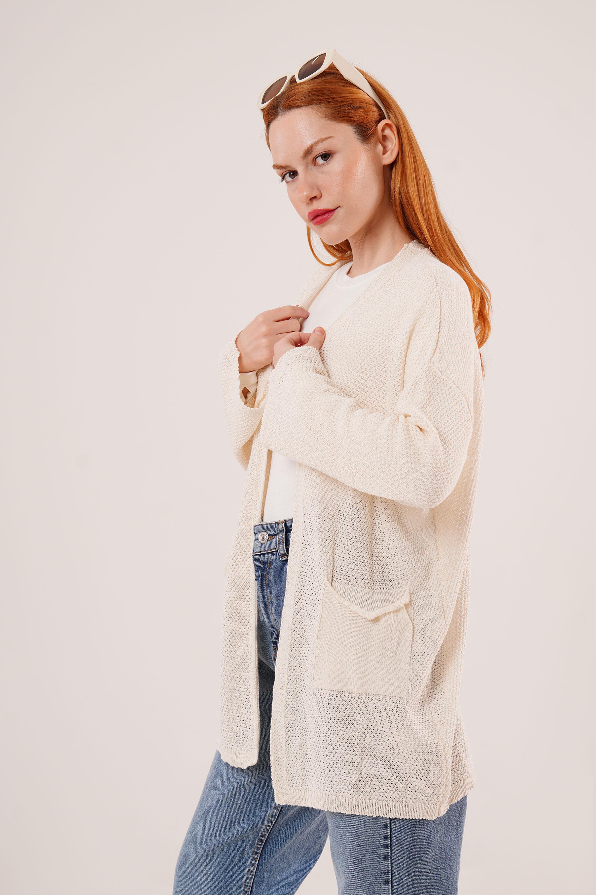 Cepli Salaş Model Triko Uzun Krem Hırka - Görsel 7