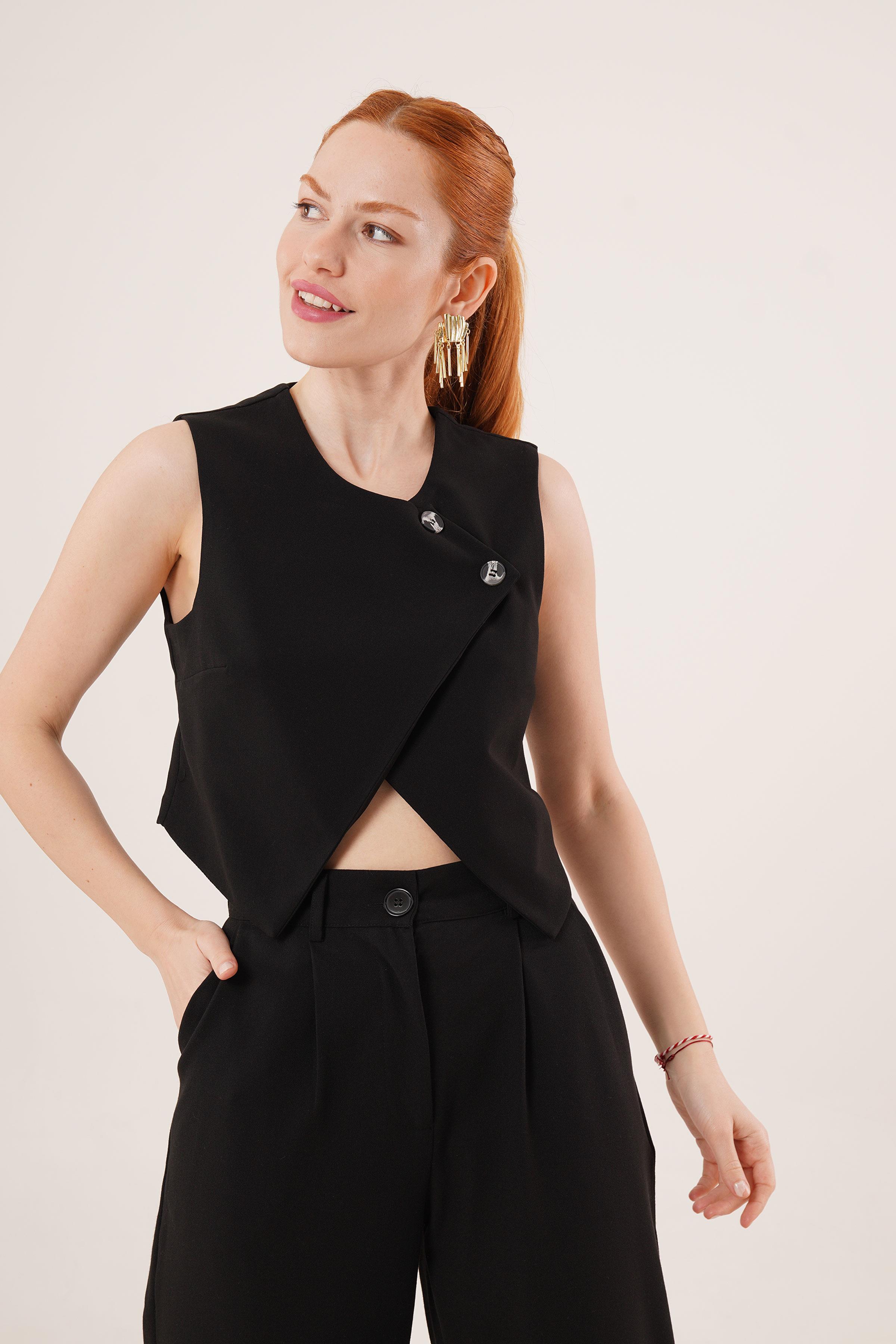 Çift Düğmeli Çapraz Model Siyah Yelek - Görsel 3
