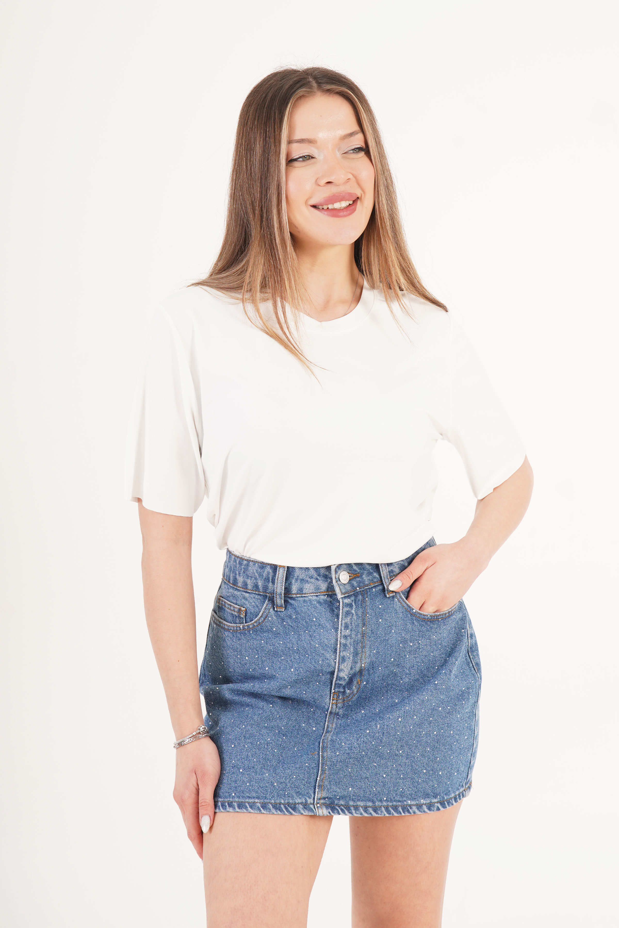 Taş İşlemeli Işıltılı Kot Mini Denim Etek - Görsel 3