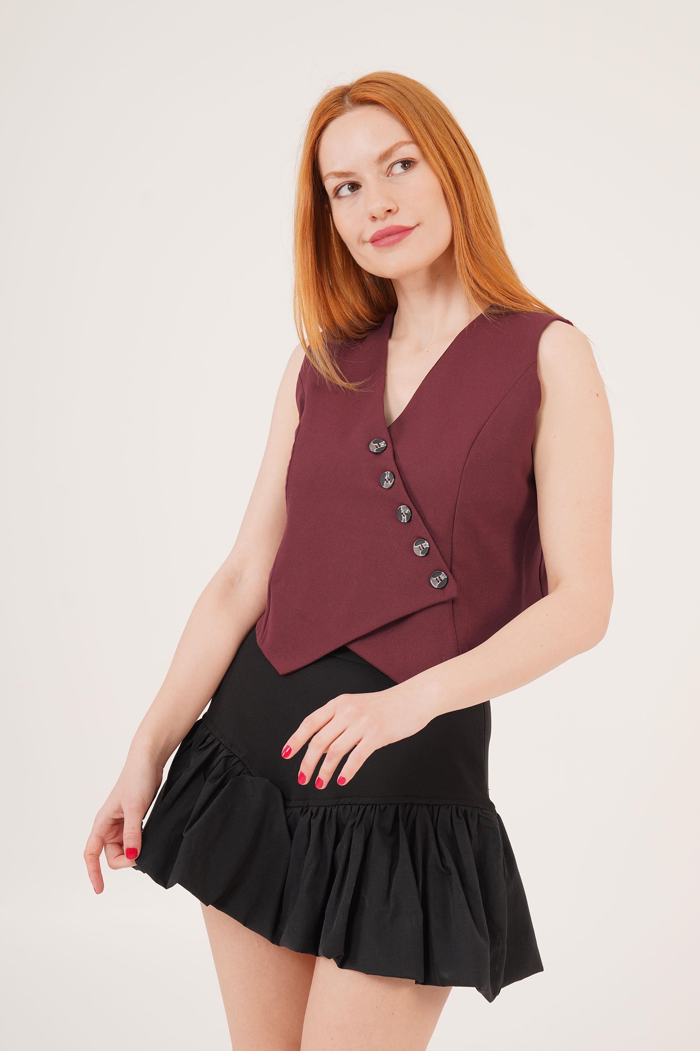 V Yaka Düğmeli Üçgen Kesim Toptan Bordo Yelek	