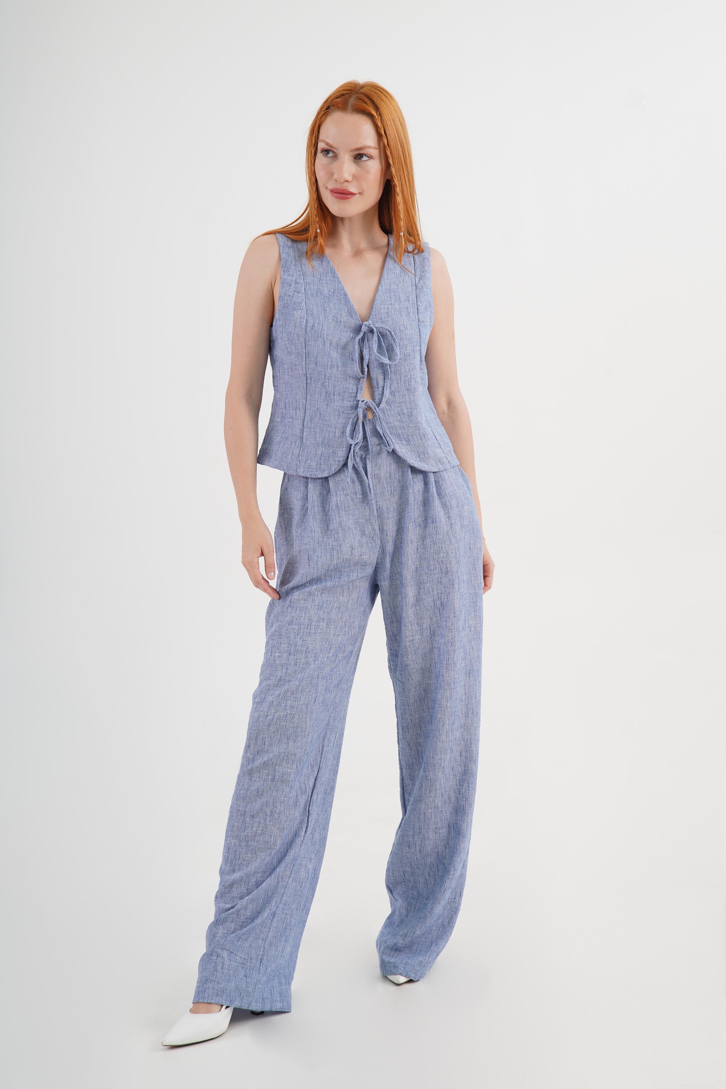 Ön Bağlama Detaylı Yelek ve Pantolon İndigo Toptan İkili Takım 