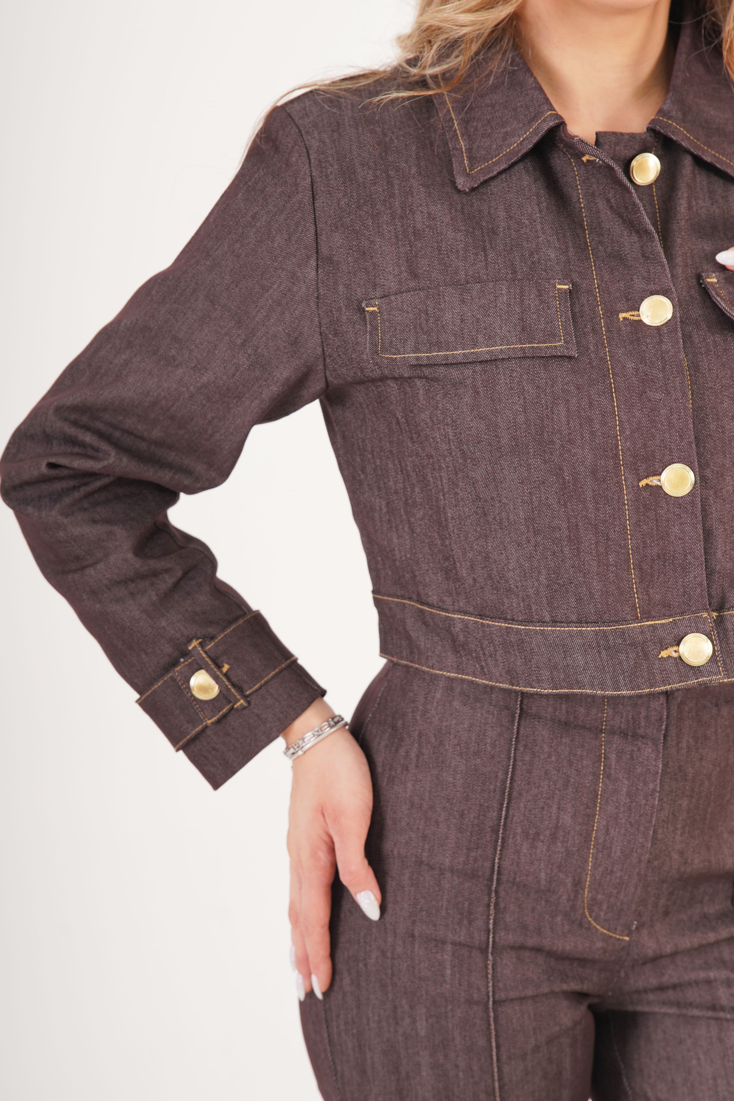 Gold Düğmeli Ceket Pantolon Kahve Denim Takım - Görsel 4