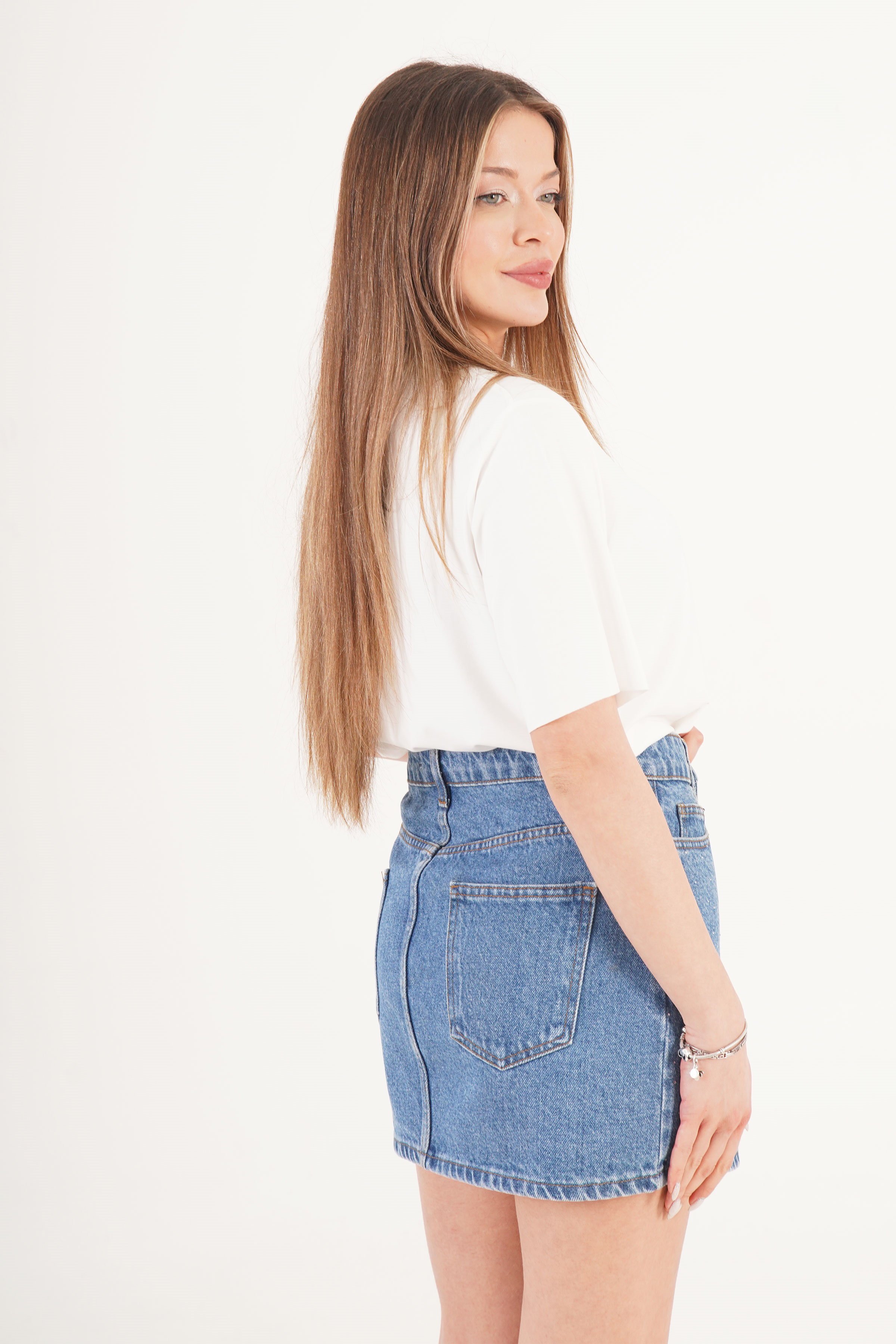 Taş İşlemeli Işıltılı Kot Mini Denim Etek - Görsel 5