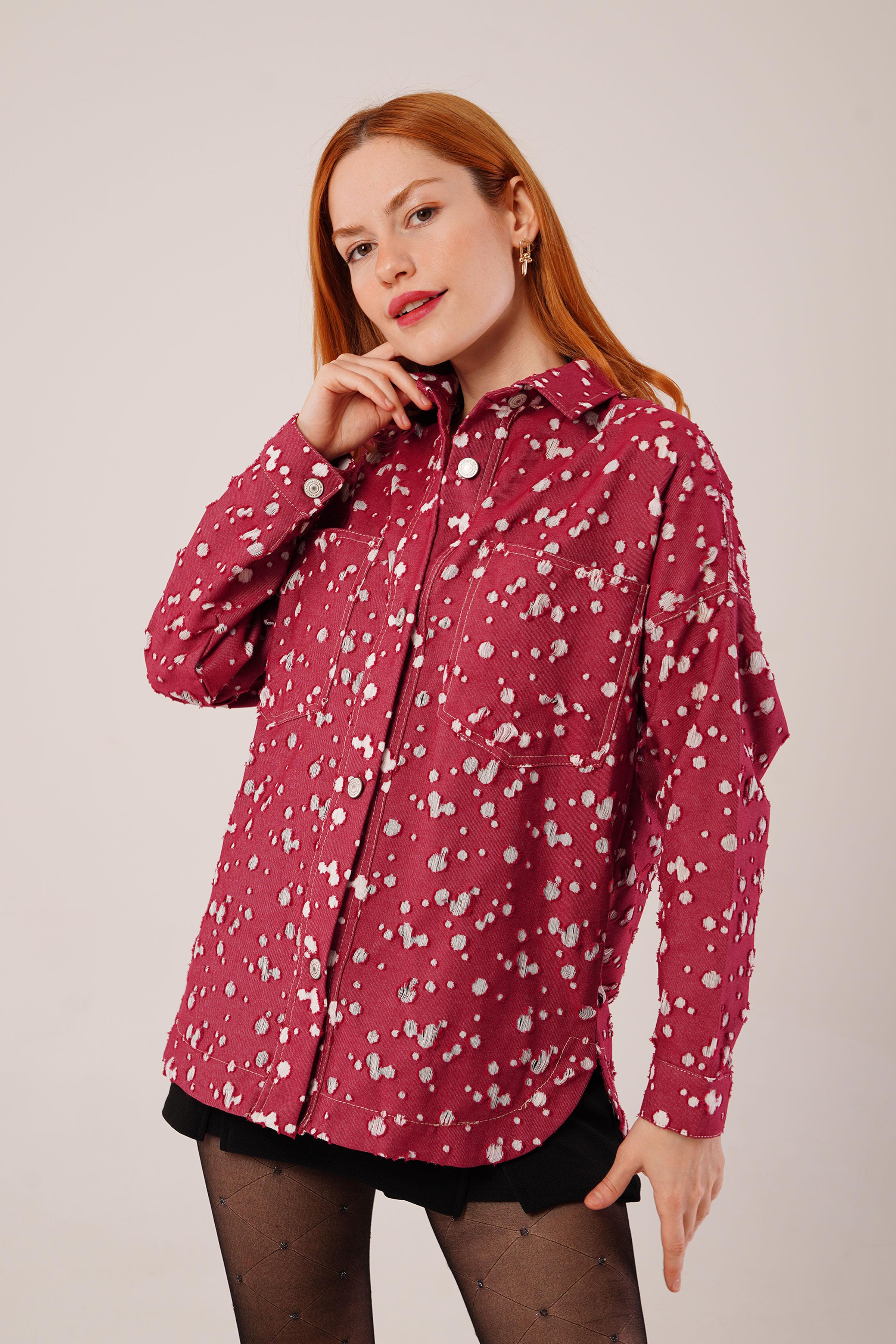 Eskitme Görünümlü Denim Bordo Gömlek - Görsel 8