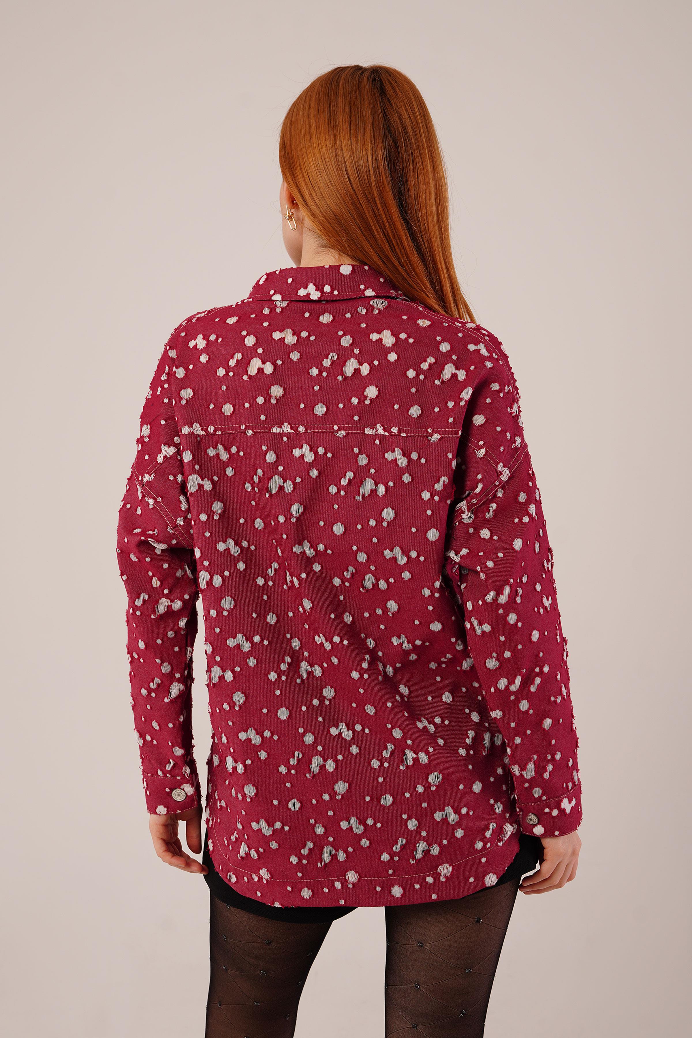 Eskitme Görünümlü Denim Bordo Gömlek - Görsel 9