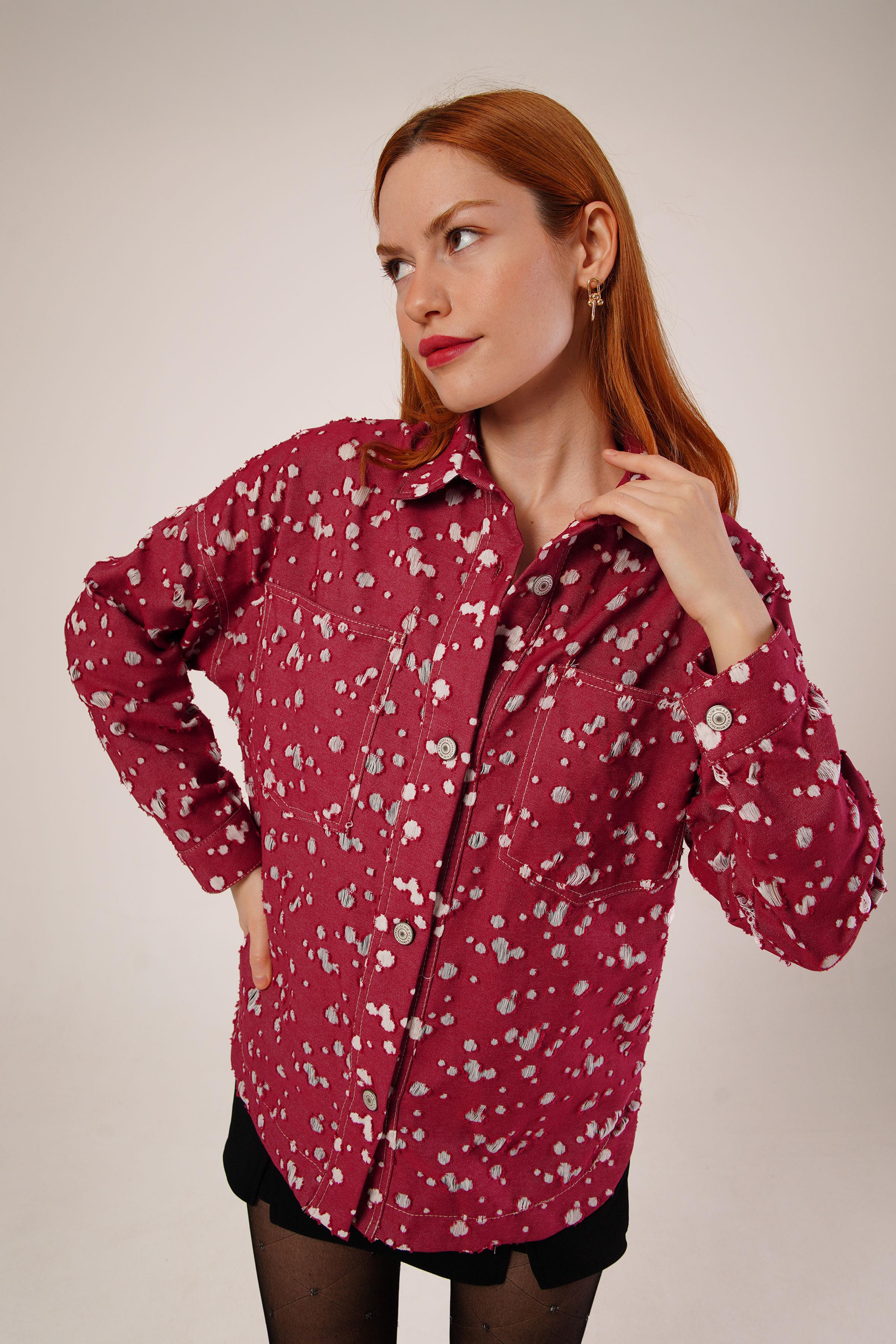 Eskitme Görünümlü Denim Bordo Gömlek - Görsel 7