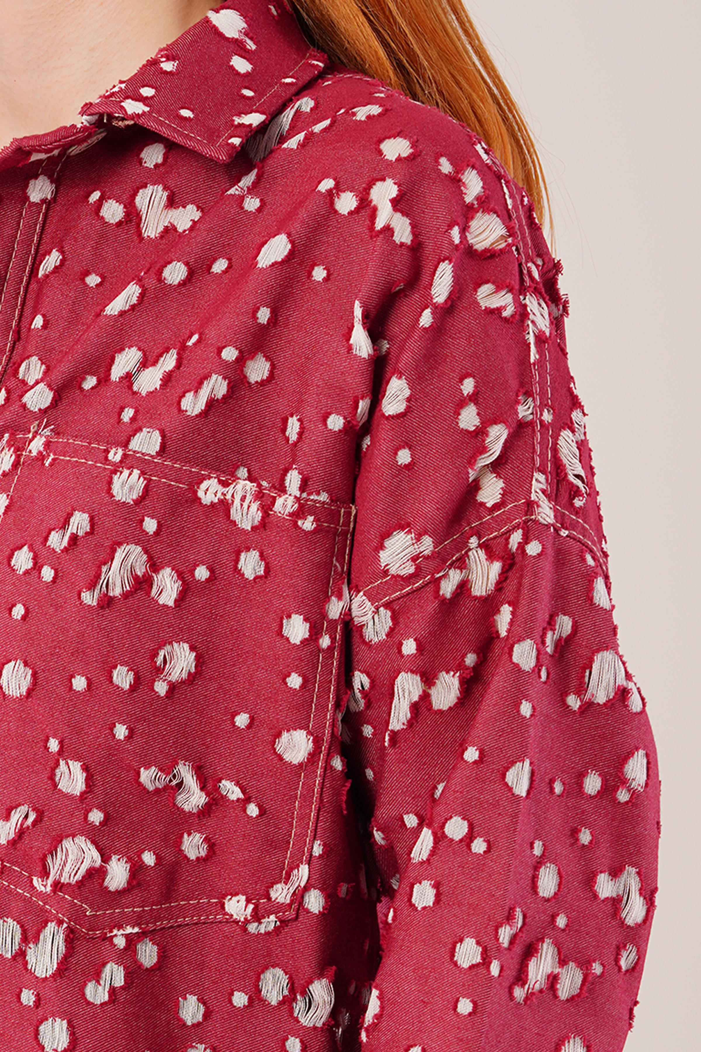 Eskitme Görünümlü Denim Bordo Gömlek - Görsel 5