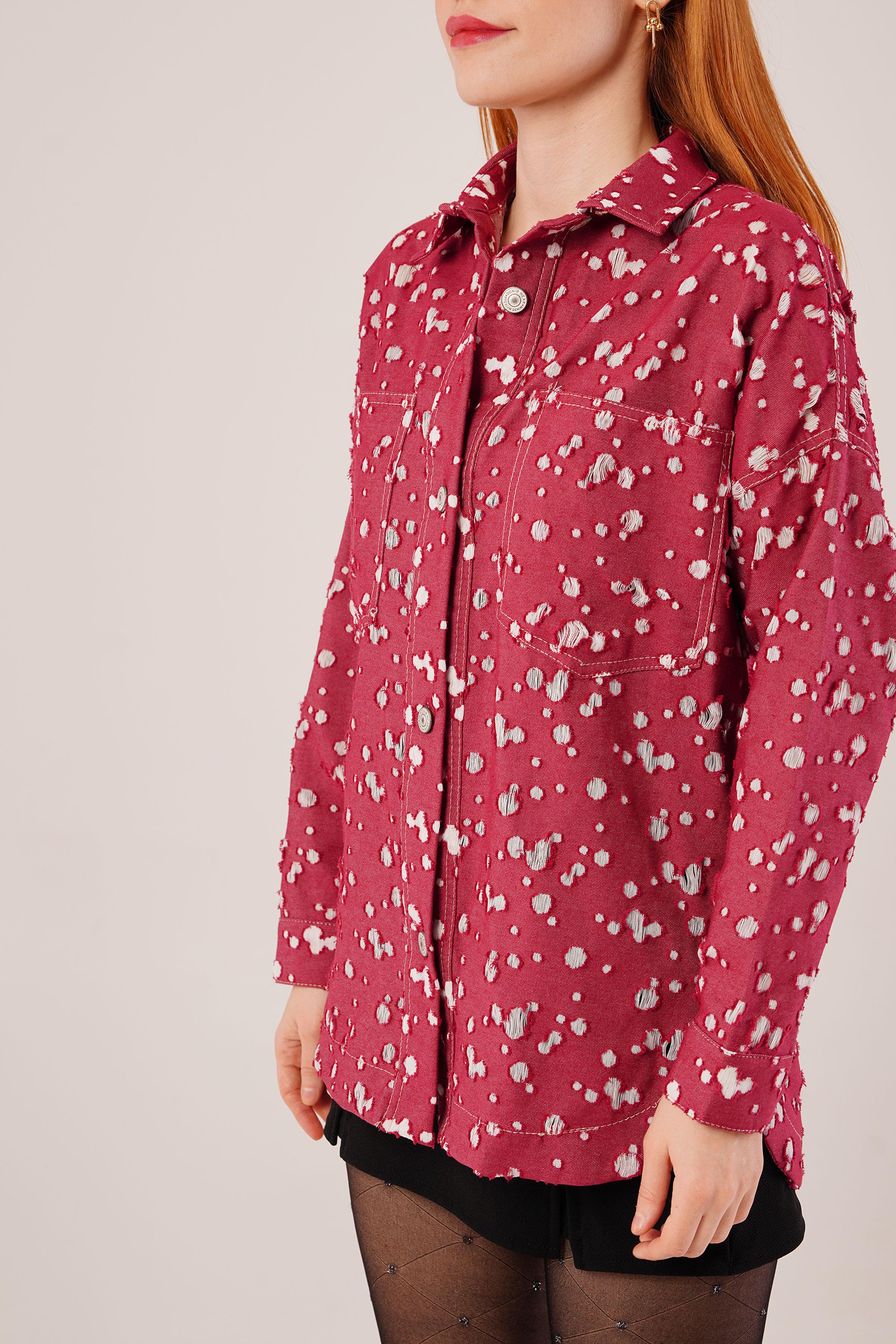 Eskitme Görünümlü Denim Bordo Gömlek - Görsel 3
