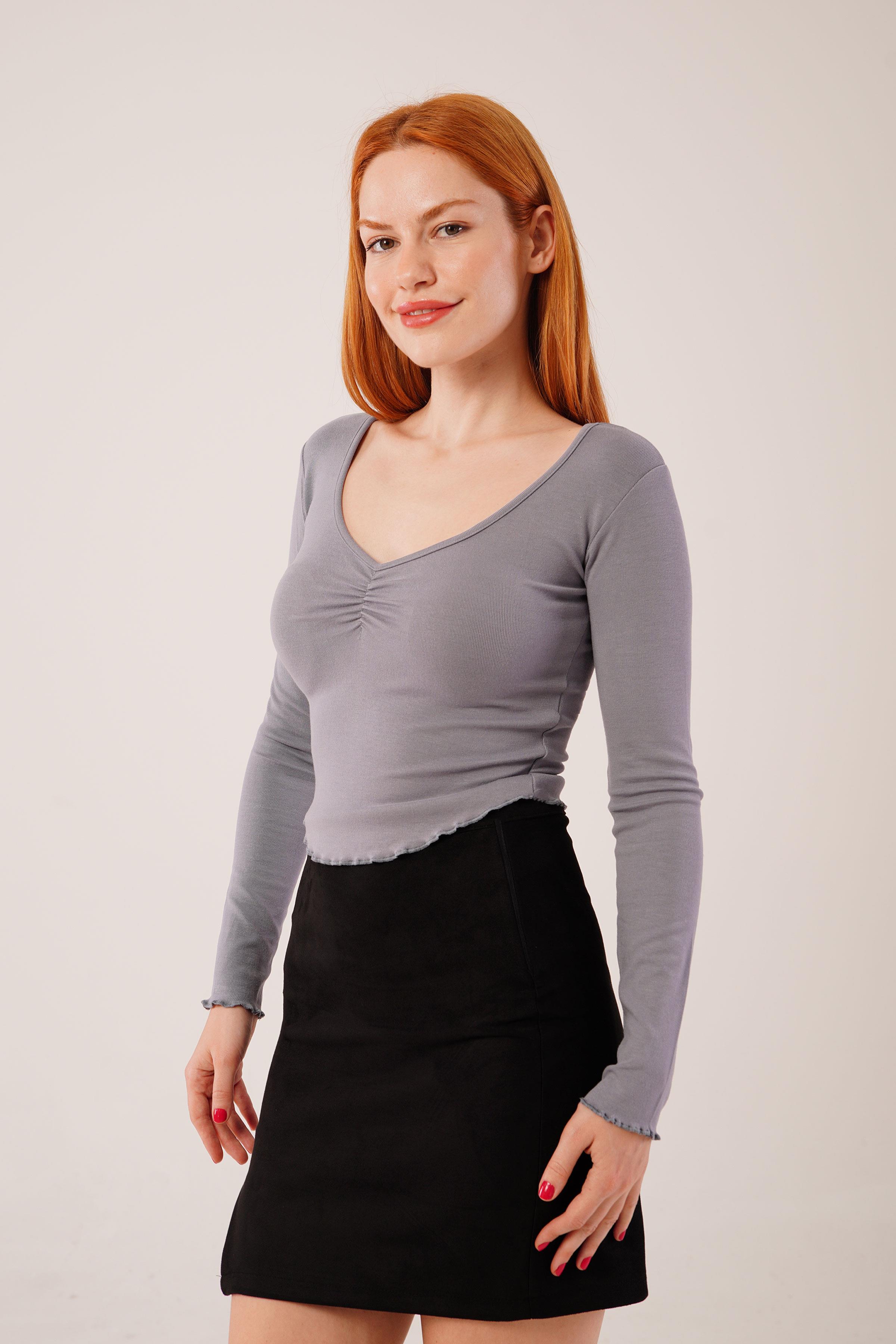 Geniş Yaka Gri Basic Body Bluz - Görsel 5
