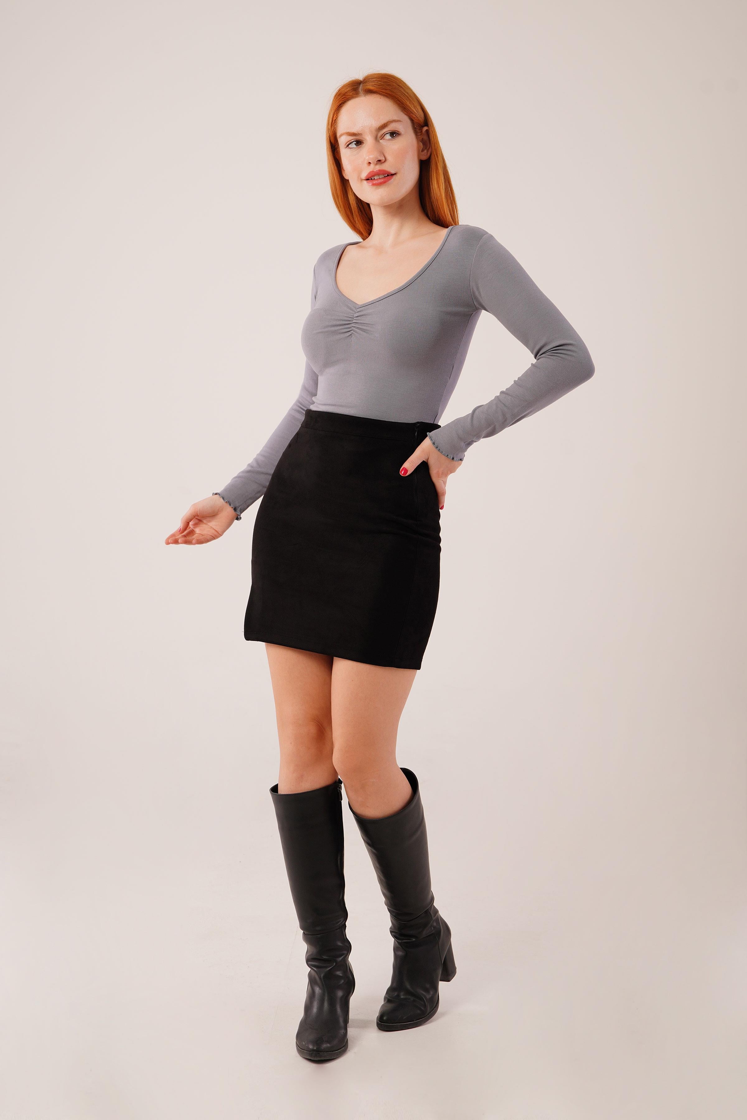 Geniş Yaka Gri Basic Body Bluz - Görsel 4