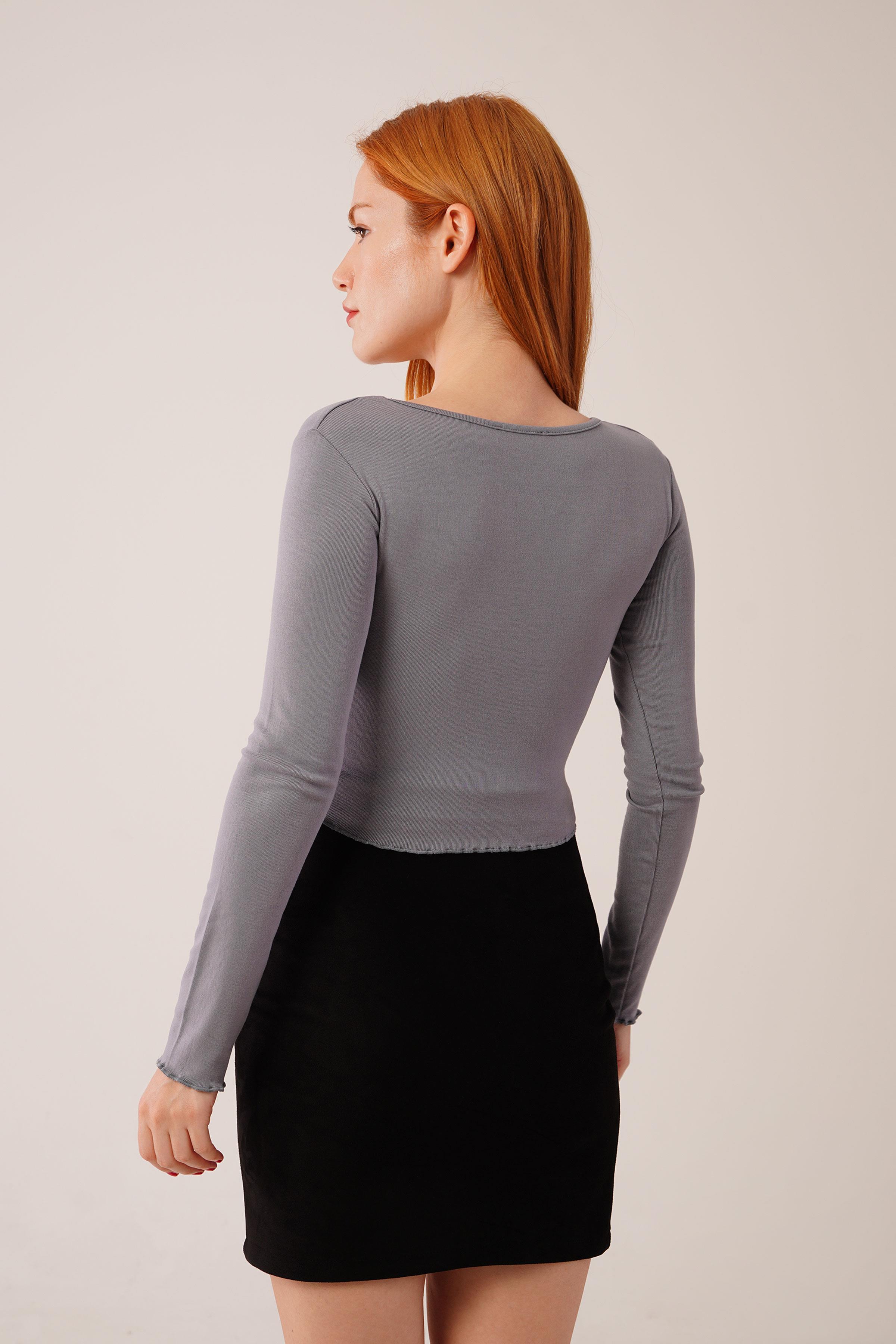 Geniş Yaka Gri Basic Body Bluz - Görsel 6