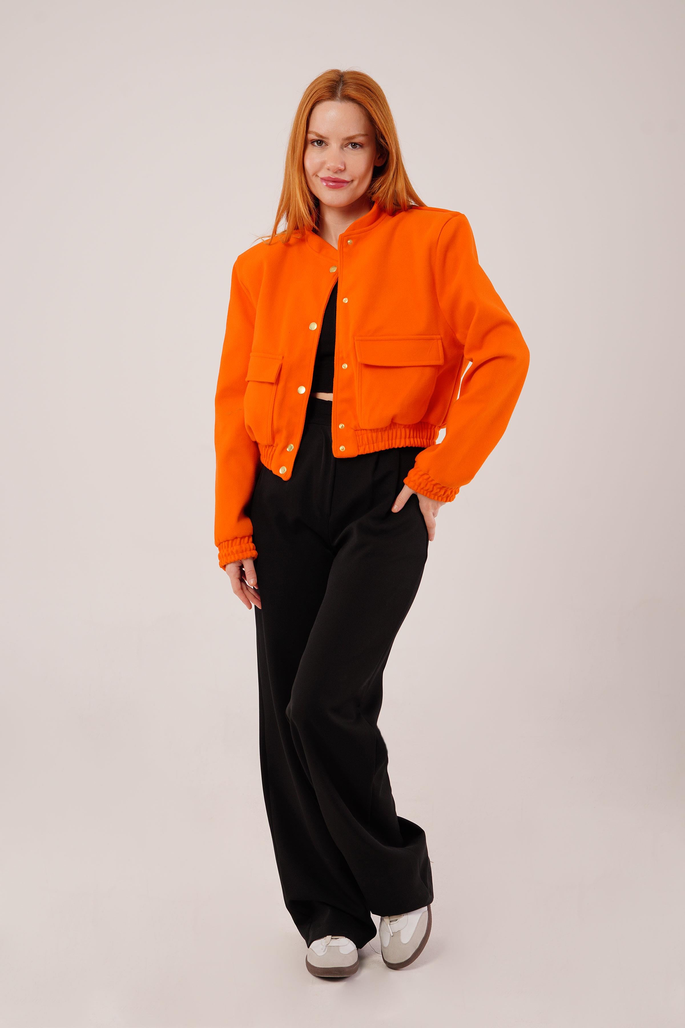 Gold Düğmeli Kaşe Oranj Bomber Ceket - 2