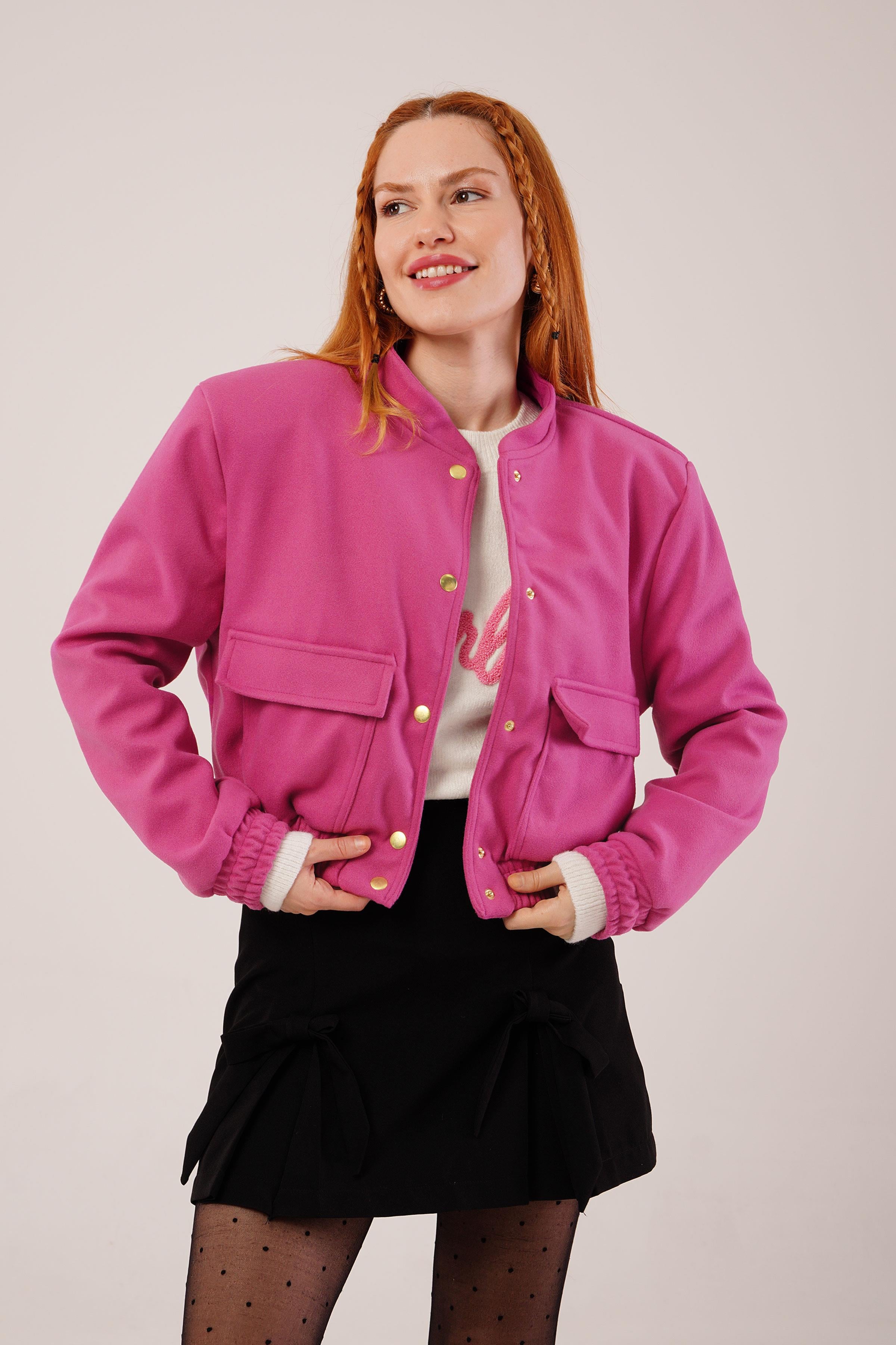 Gold Düğmeli Kaşe Toptan Pembe Bomber Ceket