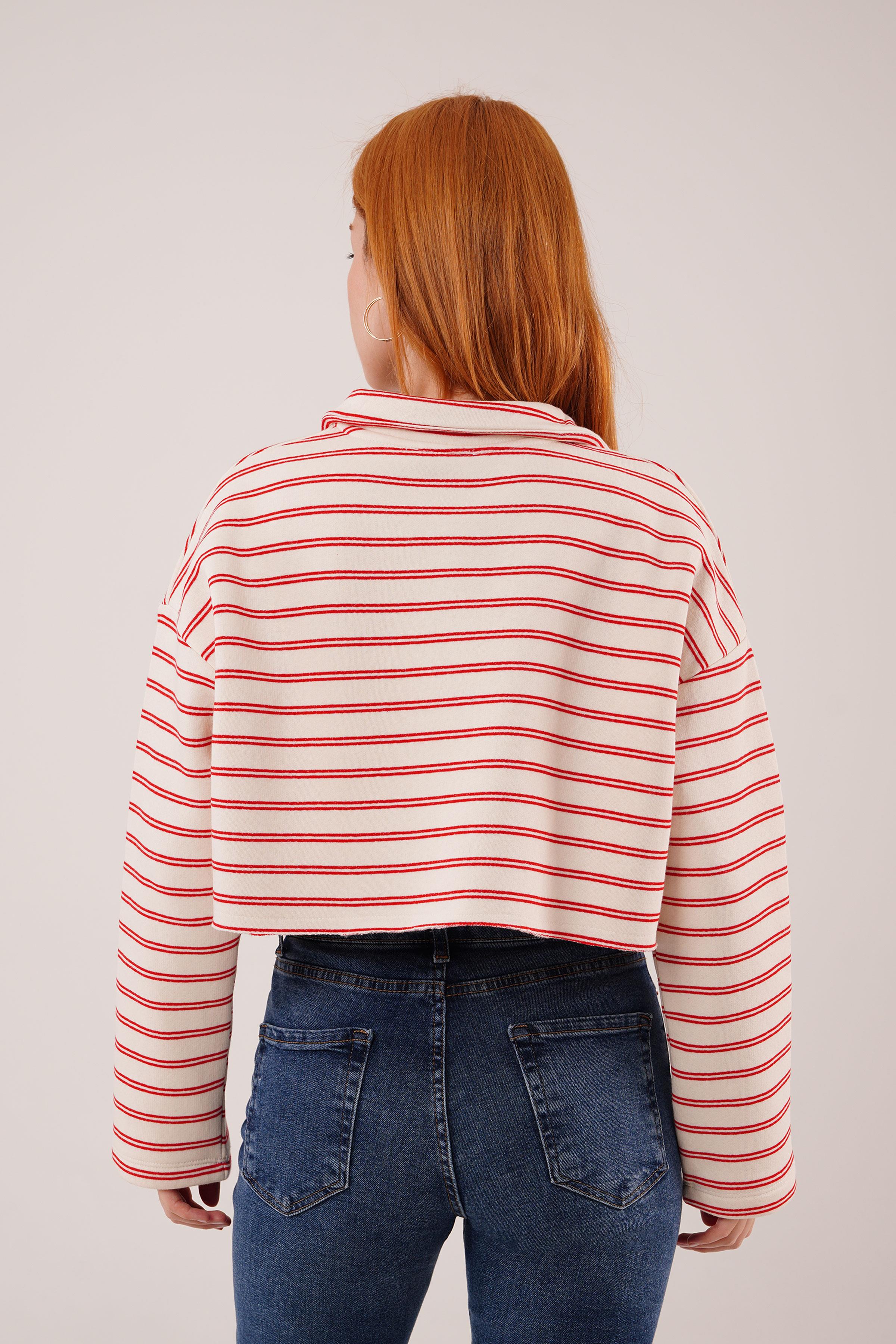 Polo Yaka Kırmızı Çizgili Crop Sweatshirt - Görsel 6