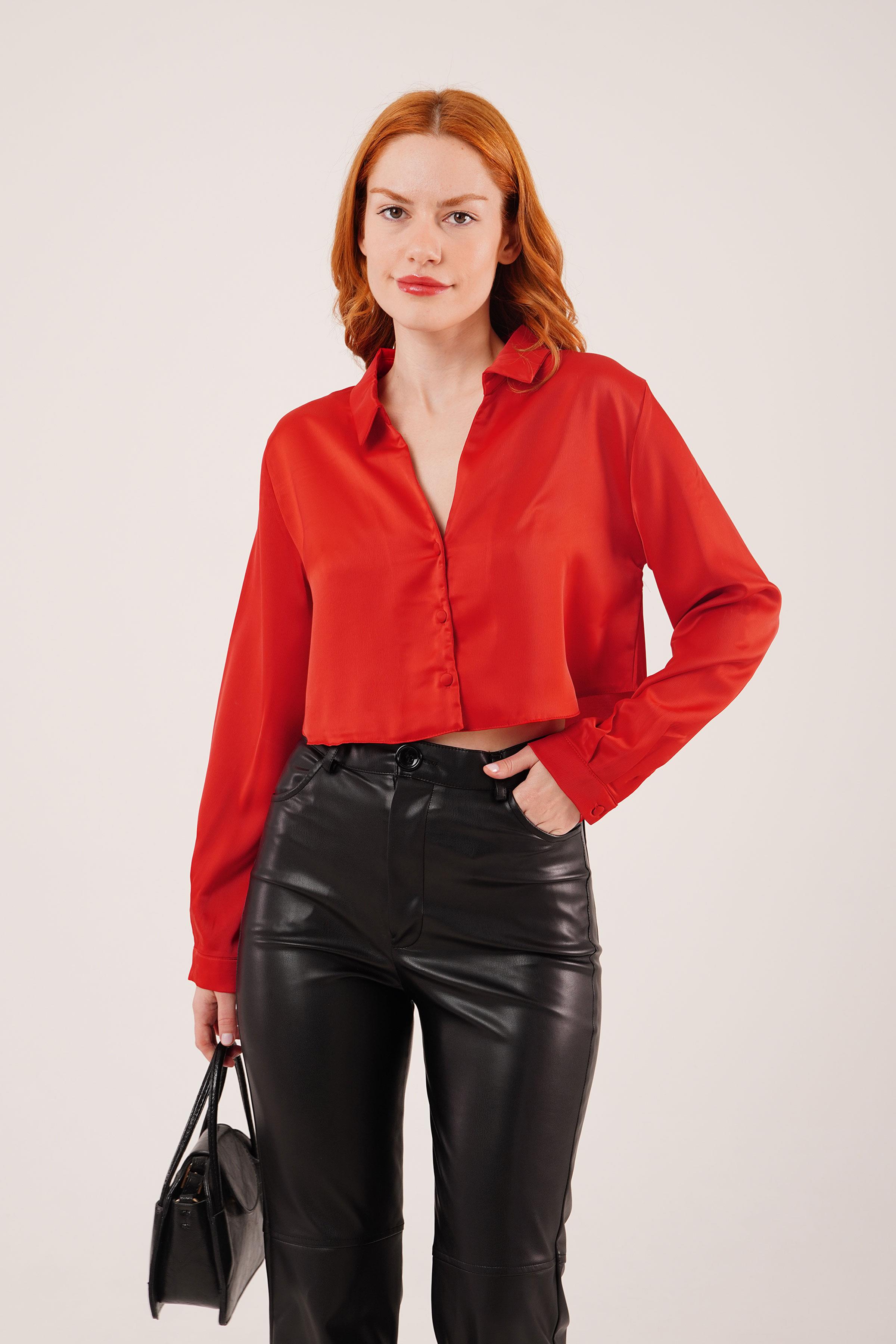 Saten Crop Model Kırmızı Gömlek - Görsel 6