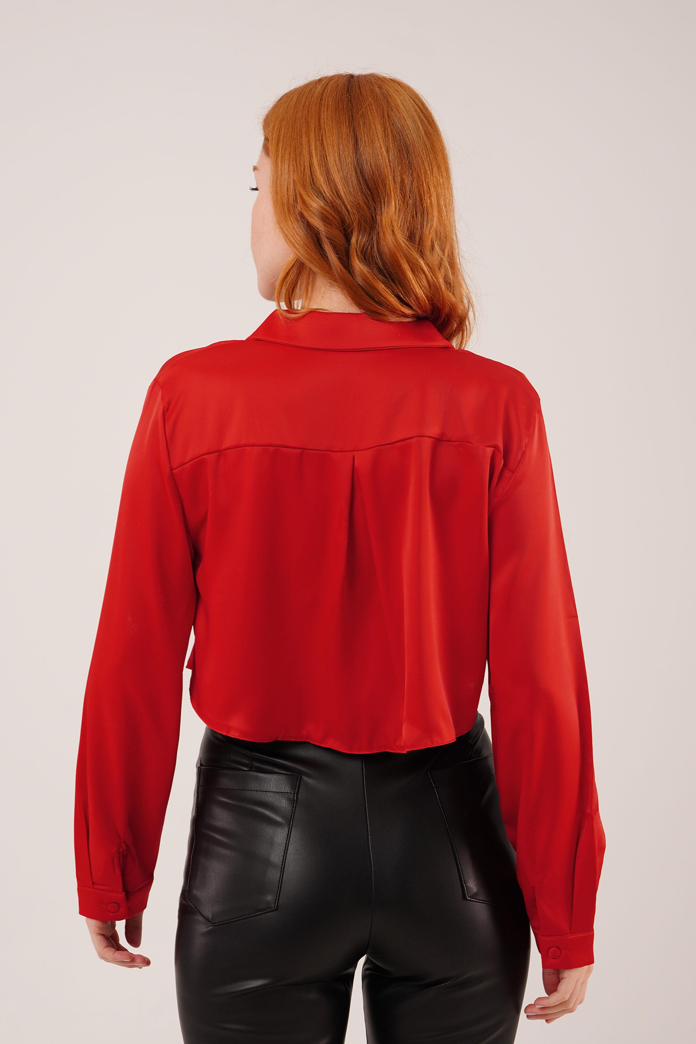 Saten Crop Model Kırmızı Gömlek - Görsel 4