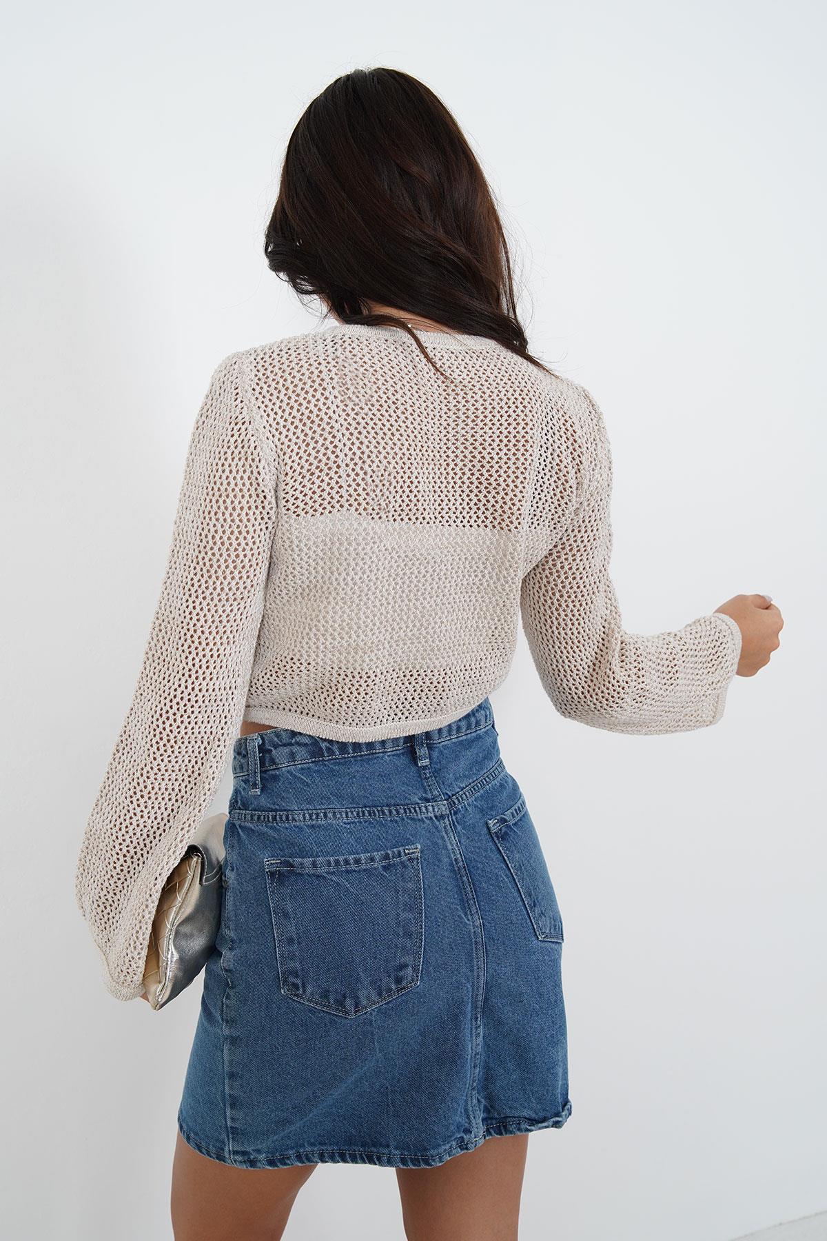 Sim İp Geçişli Triko Bej Crop - Görsel 4