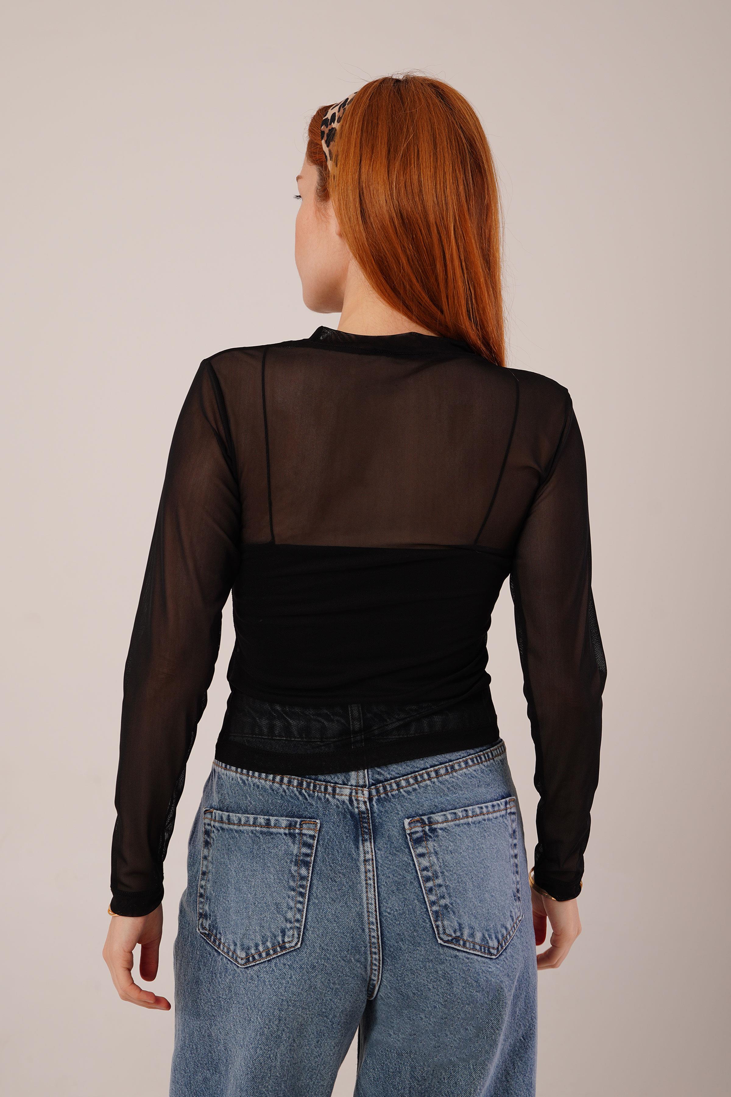 Transparan Siyah Tül Basic Bluz - Görsel 8