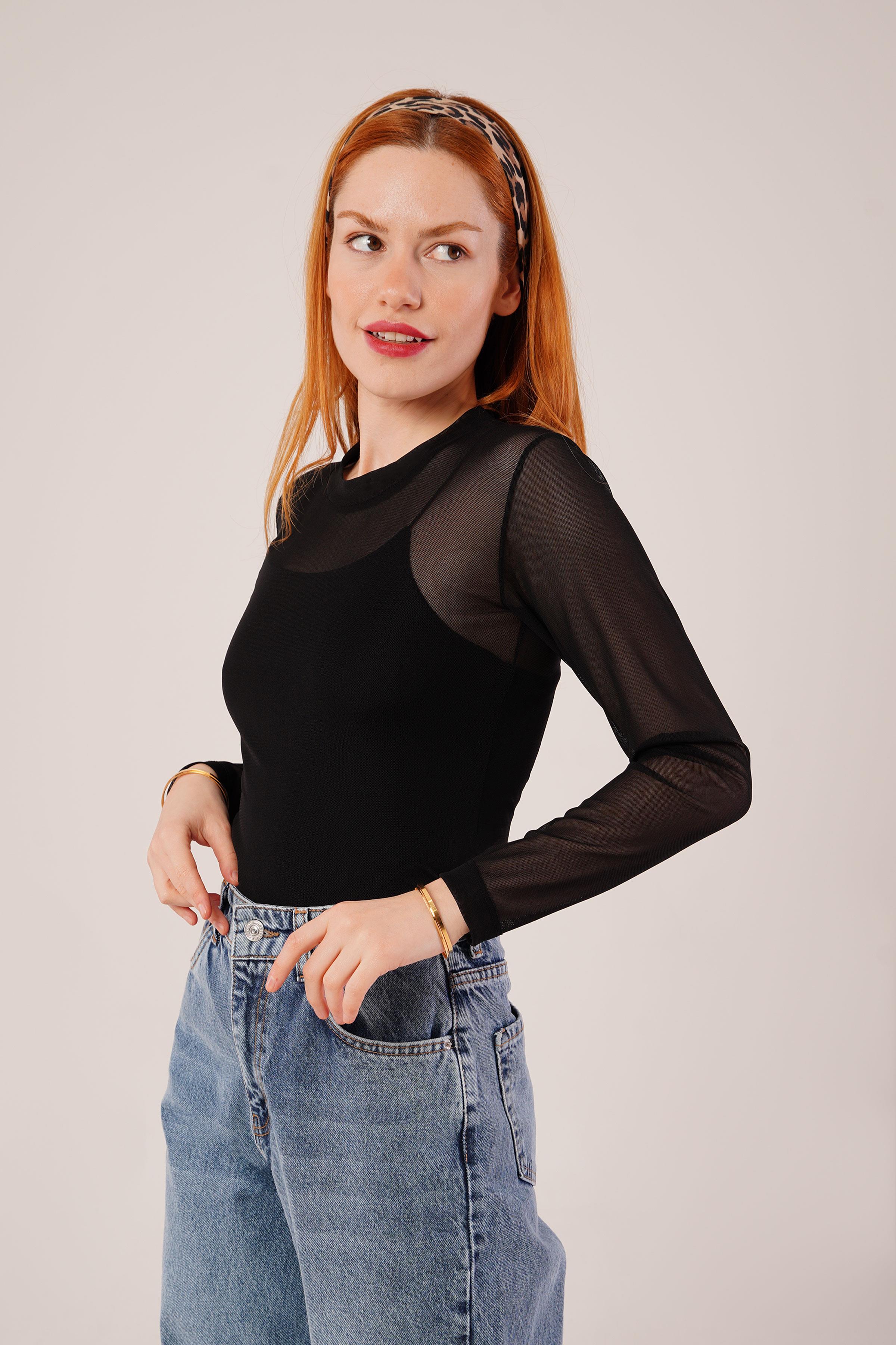 Transparan Siyah Tül Basic Bluz - Görsel 7