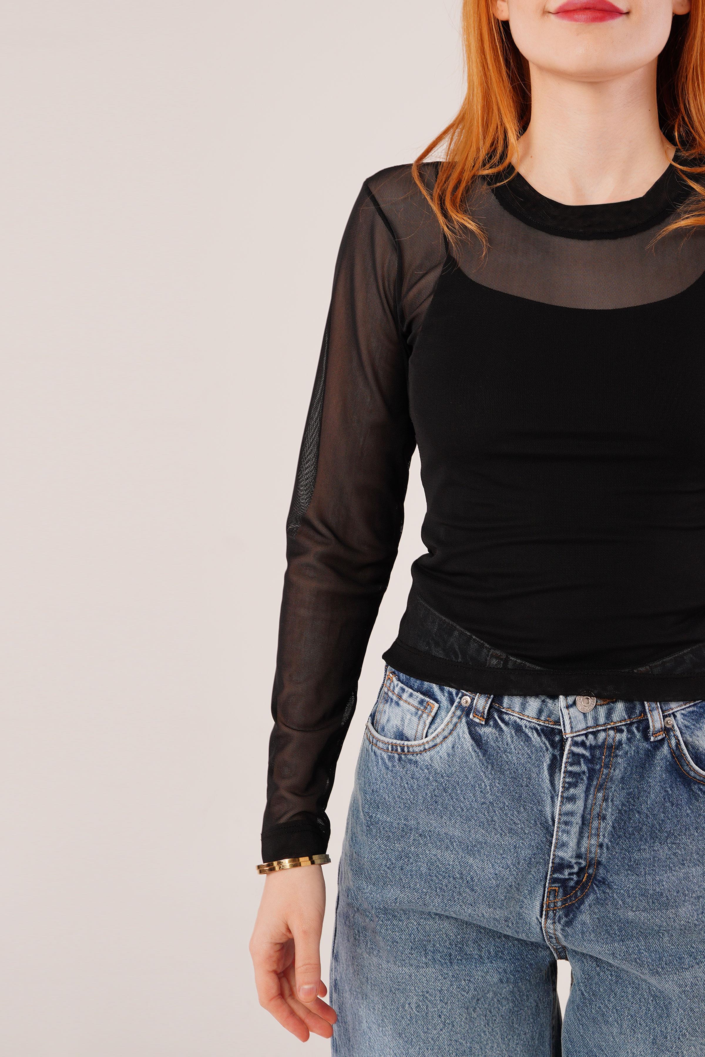 Transparan Siyah Tül Basic Bluz - Görsel 6
