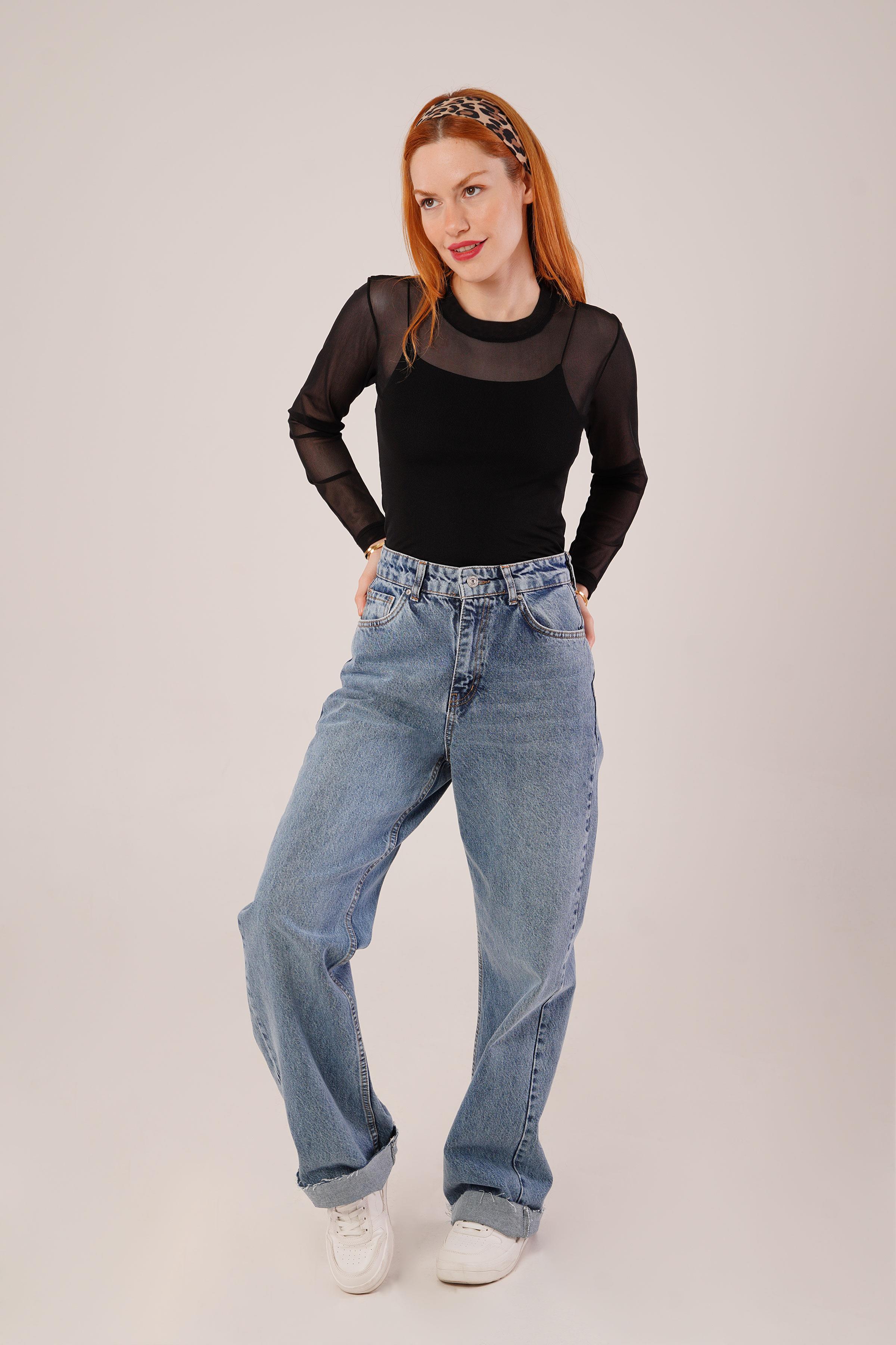 Transparan Siyah Tül Basic Bluz - Görsel 5