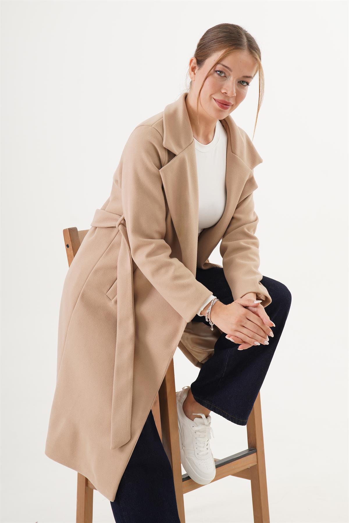 Beli Kuşaklı Astarlı Toptan Camel Kaşe Kaban