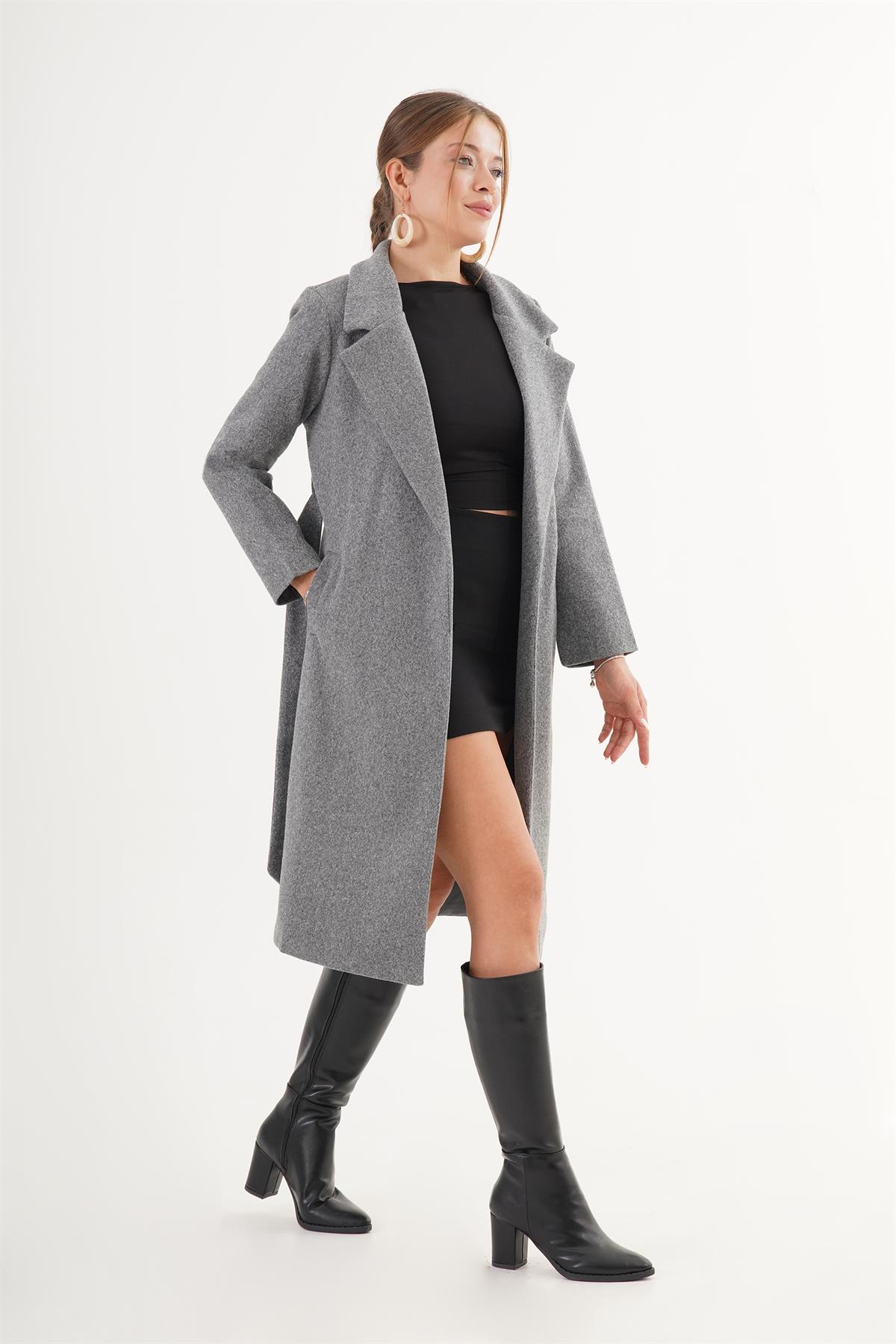 Beli Kuşaklı Astarlı Toptan Antrasit Kaşe Kaban