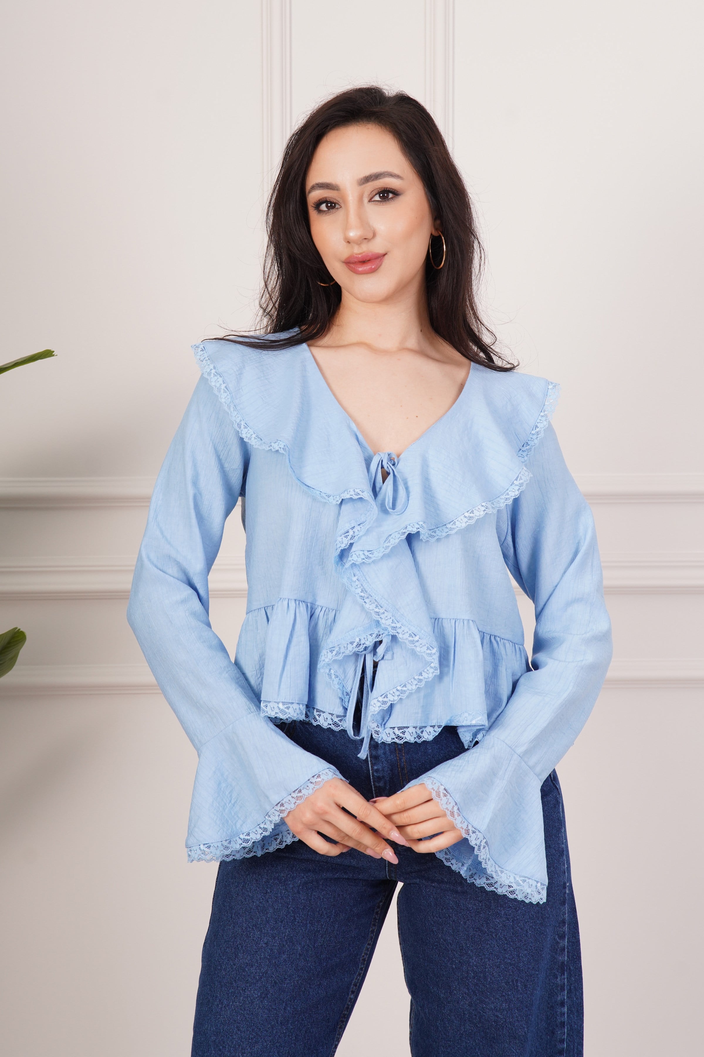 Dantel Detay Bağlamalı Mavi Toptan Bluz