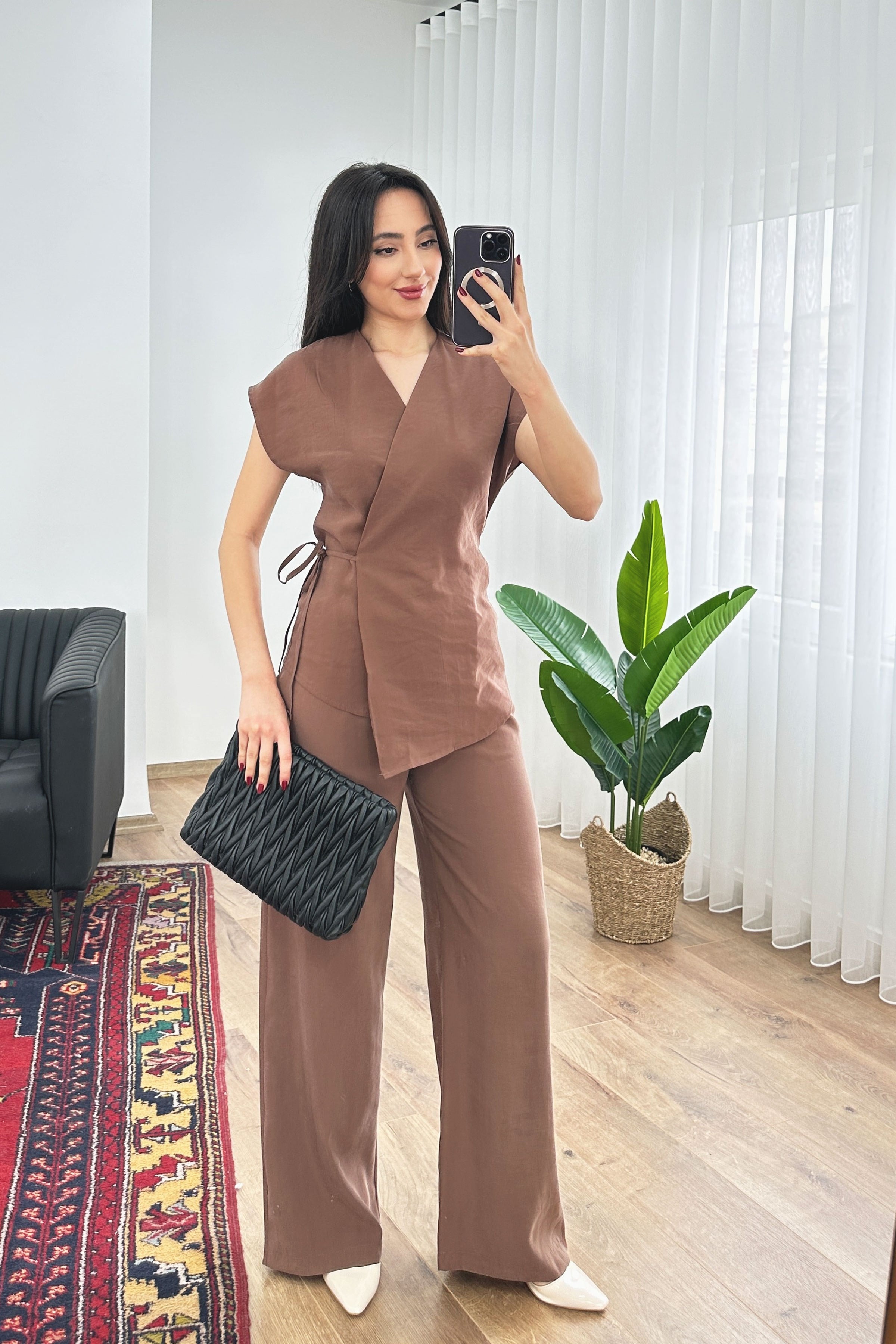 Modal Tek Düğme Kapamalı Oversize Camel Toptan Takım