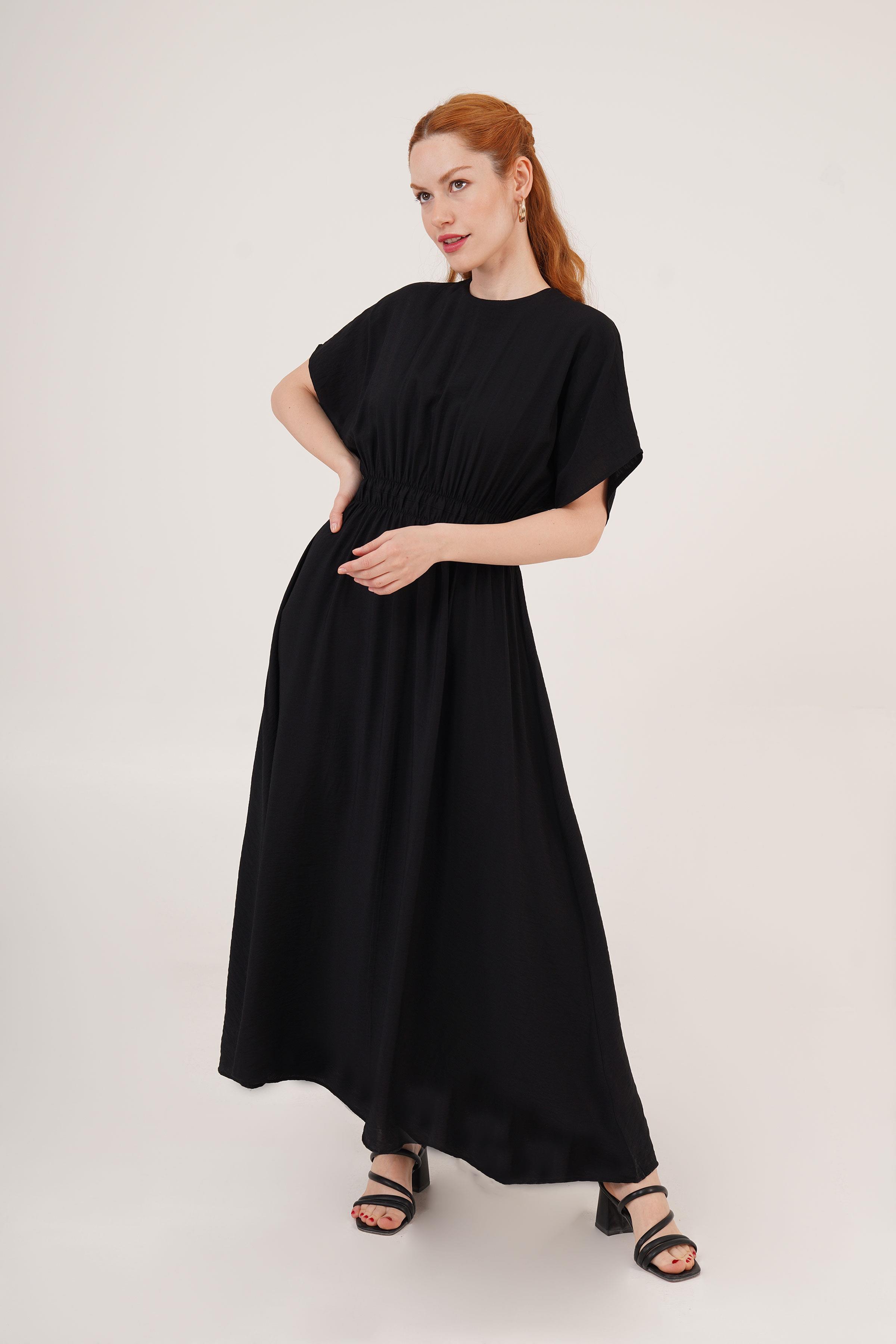 Bel Lastikli Yarasa Kol Maxi Toptan Siyah Elbise	