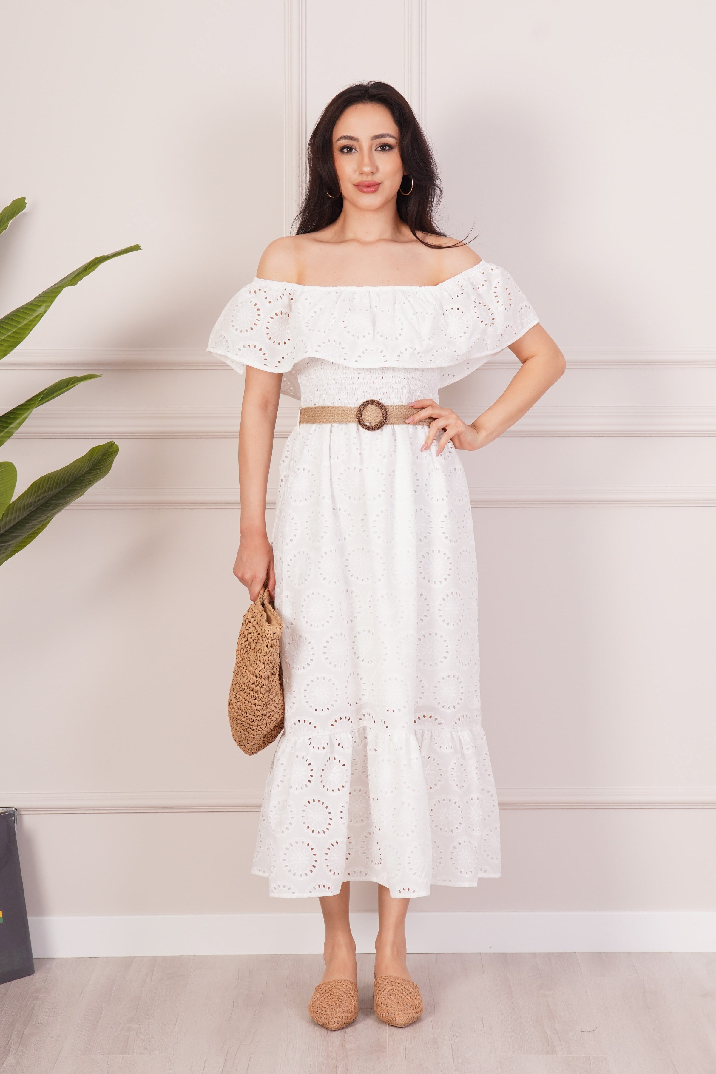 Madonna Yaka Kemer Detaylı Beyaz Toptan Uzun Elbise