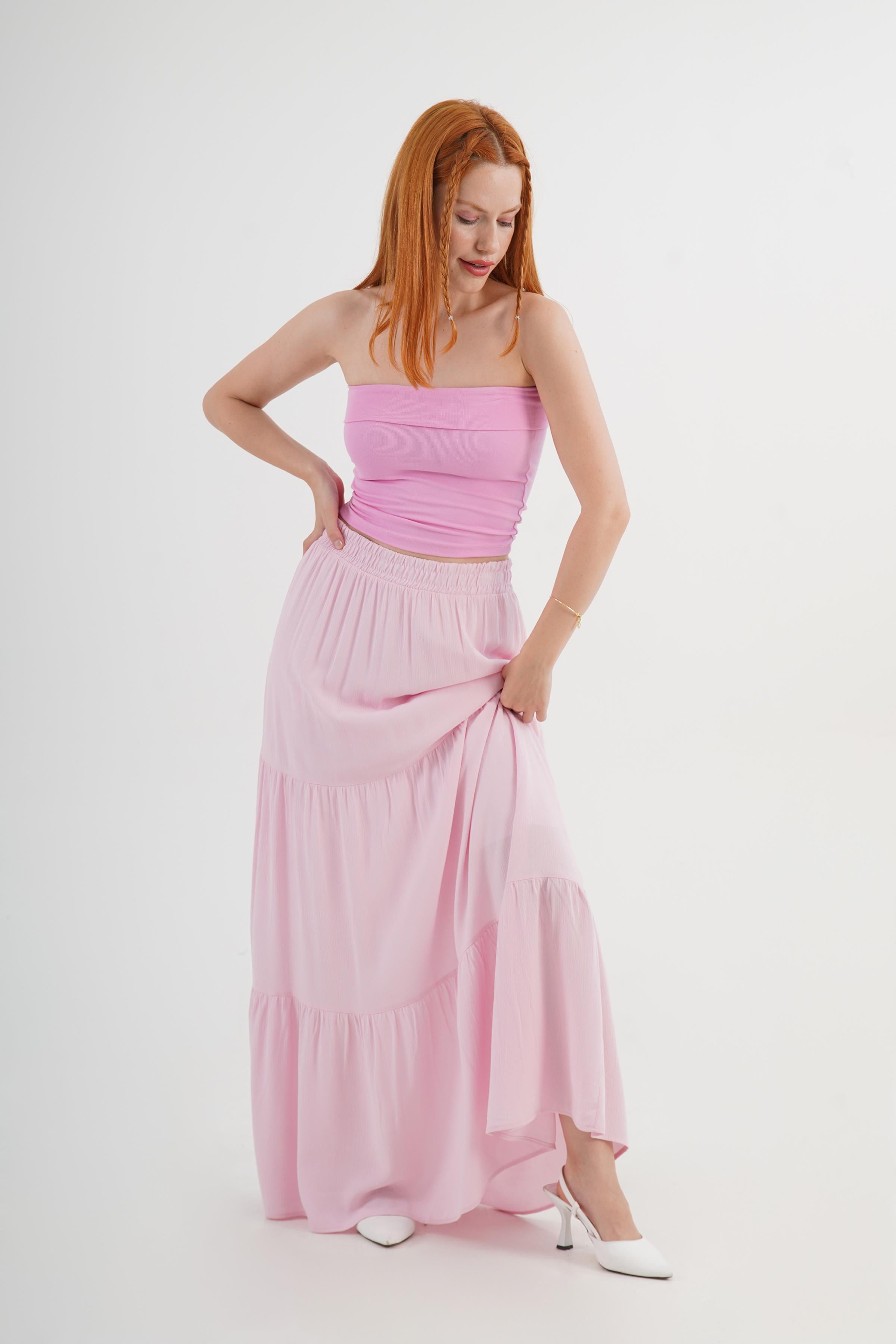 Fırfırlı Uzun Toptan Pembe Etek
