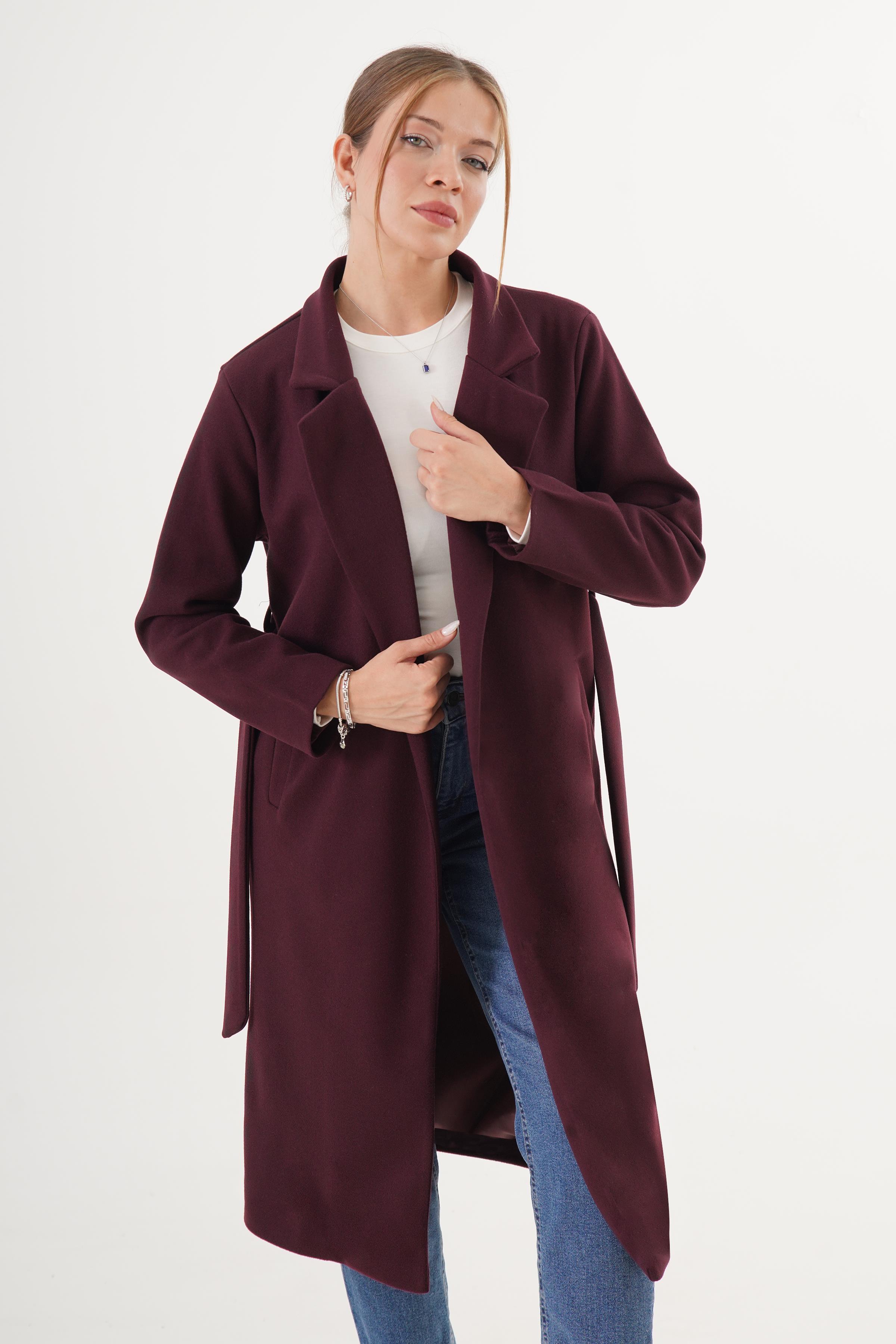 Beli Kuşaklı Astarlı Toptan Bordo Kaşe Kaban