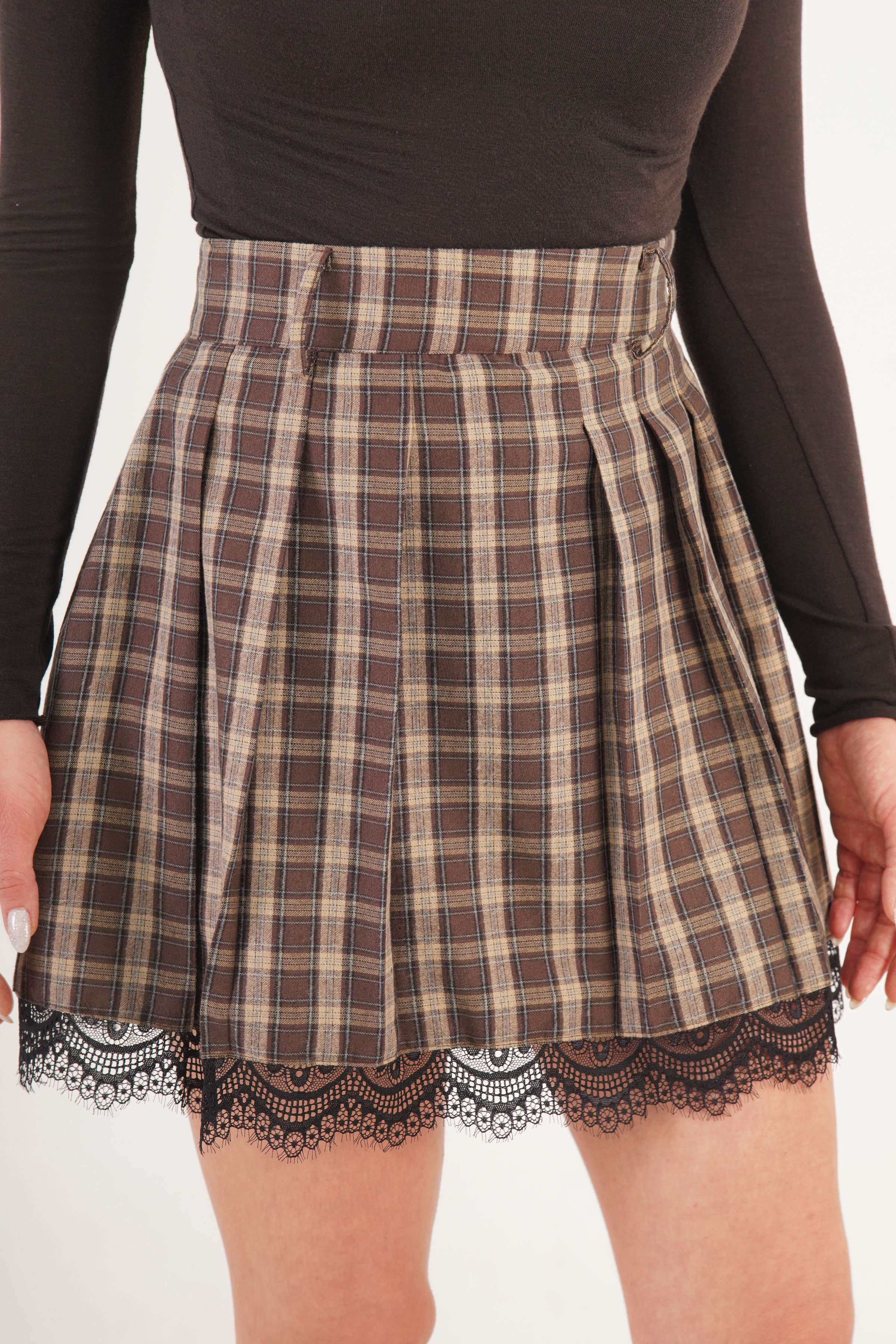 Dantel Detaylı Ekoseli Toptan Kahve Etek