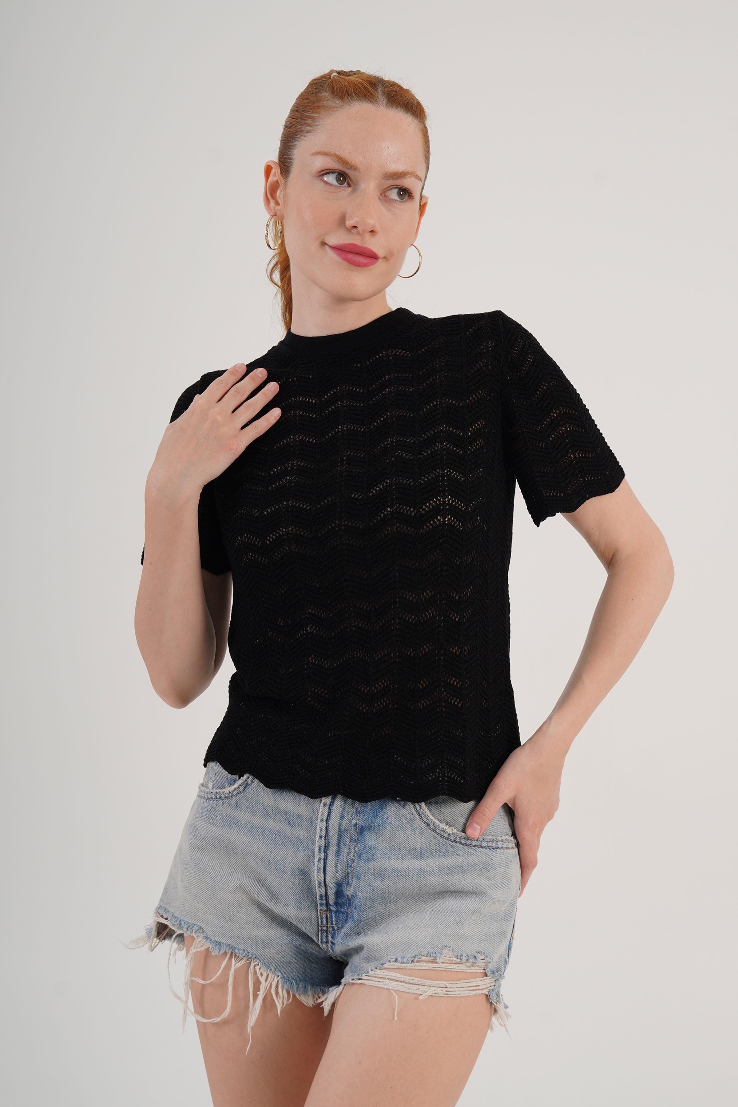 Örgü Model Kısa Kol Toptan Siyah Triko Bluz
