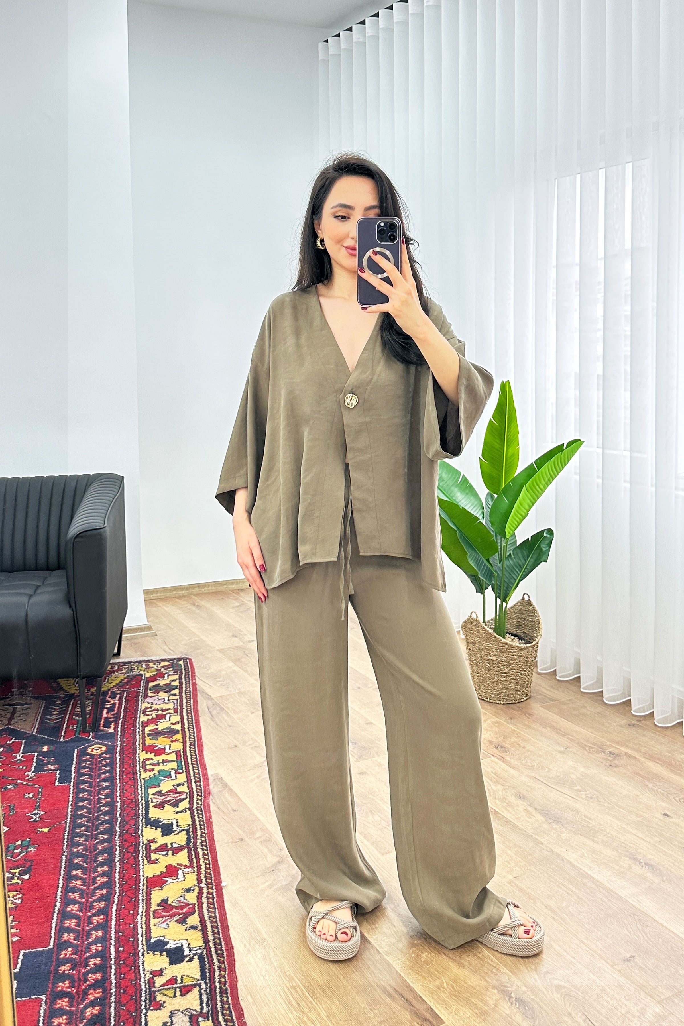 Modal Beli İp Bağlamalı Kruvaz Haki Toptan Bluz Pantolon Takım