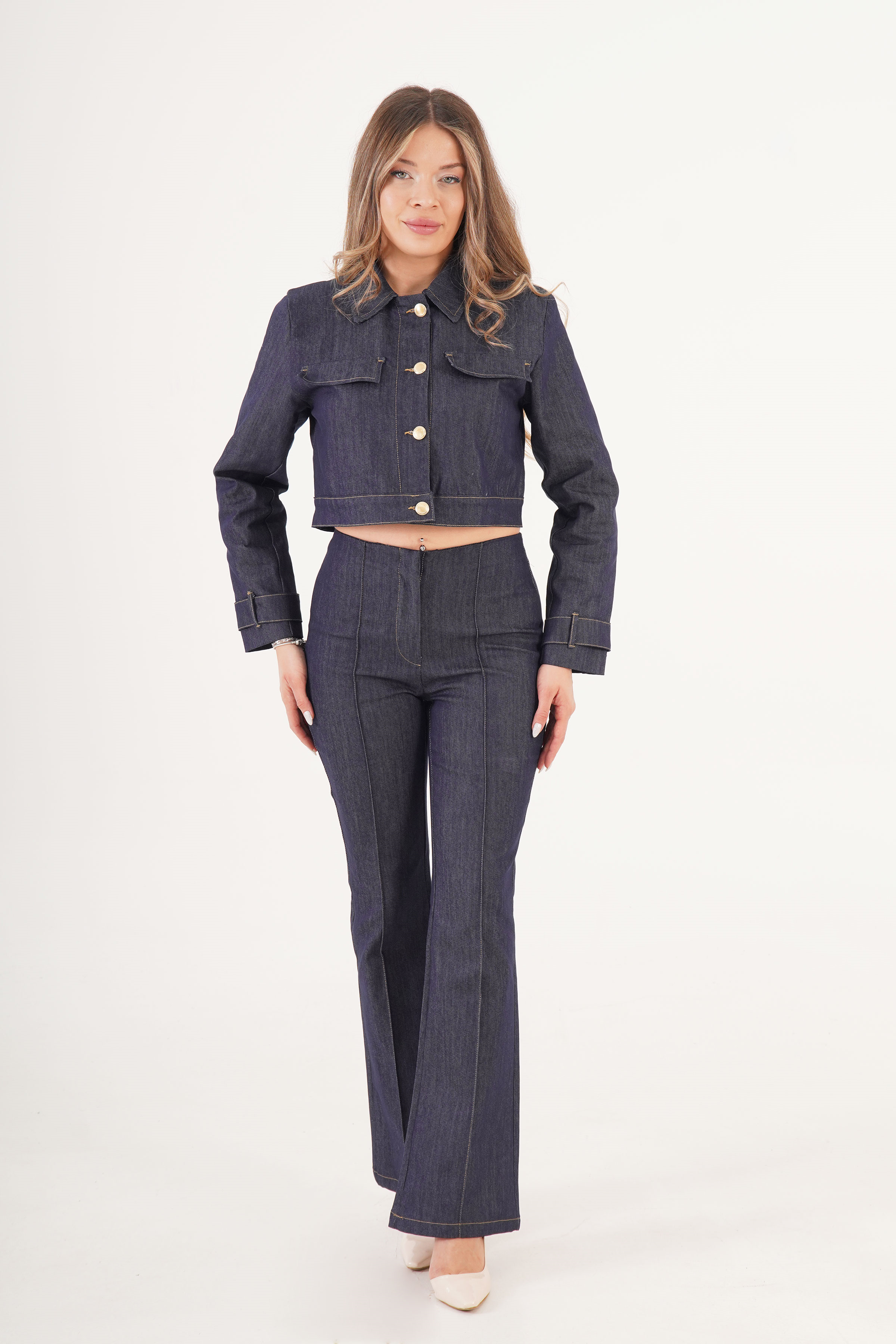 Gold Düğmeli Ceket Pantolon Kot Denim Takım