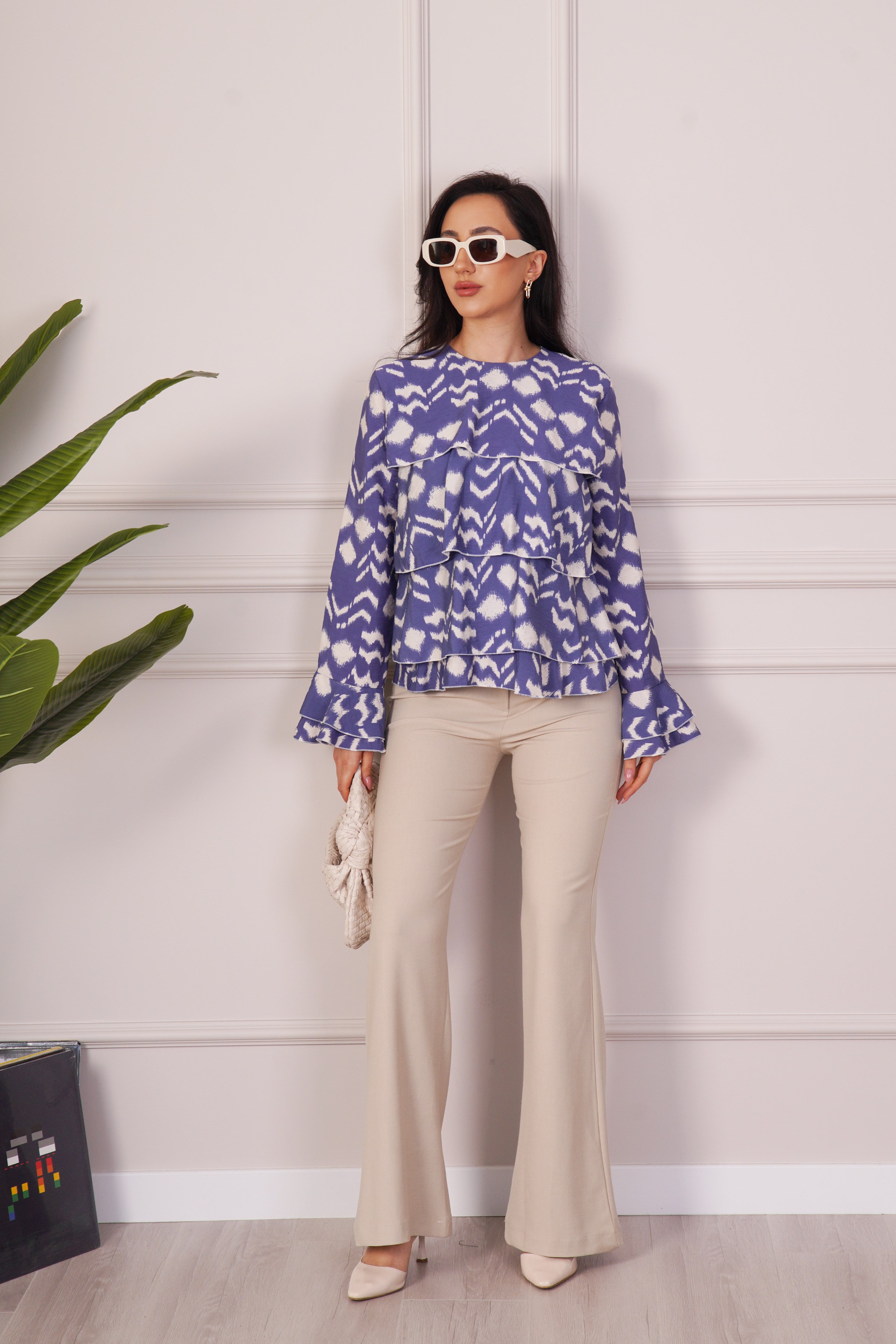 Desenli Kat Kat Volanlı İndigo Toptan Bluz