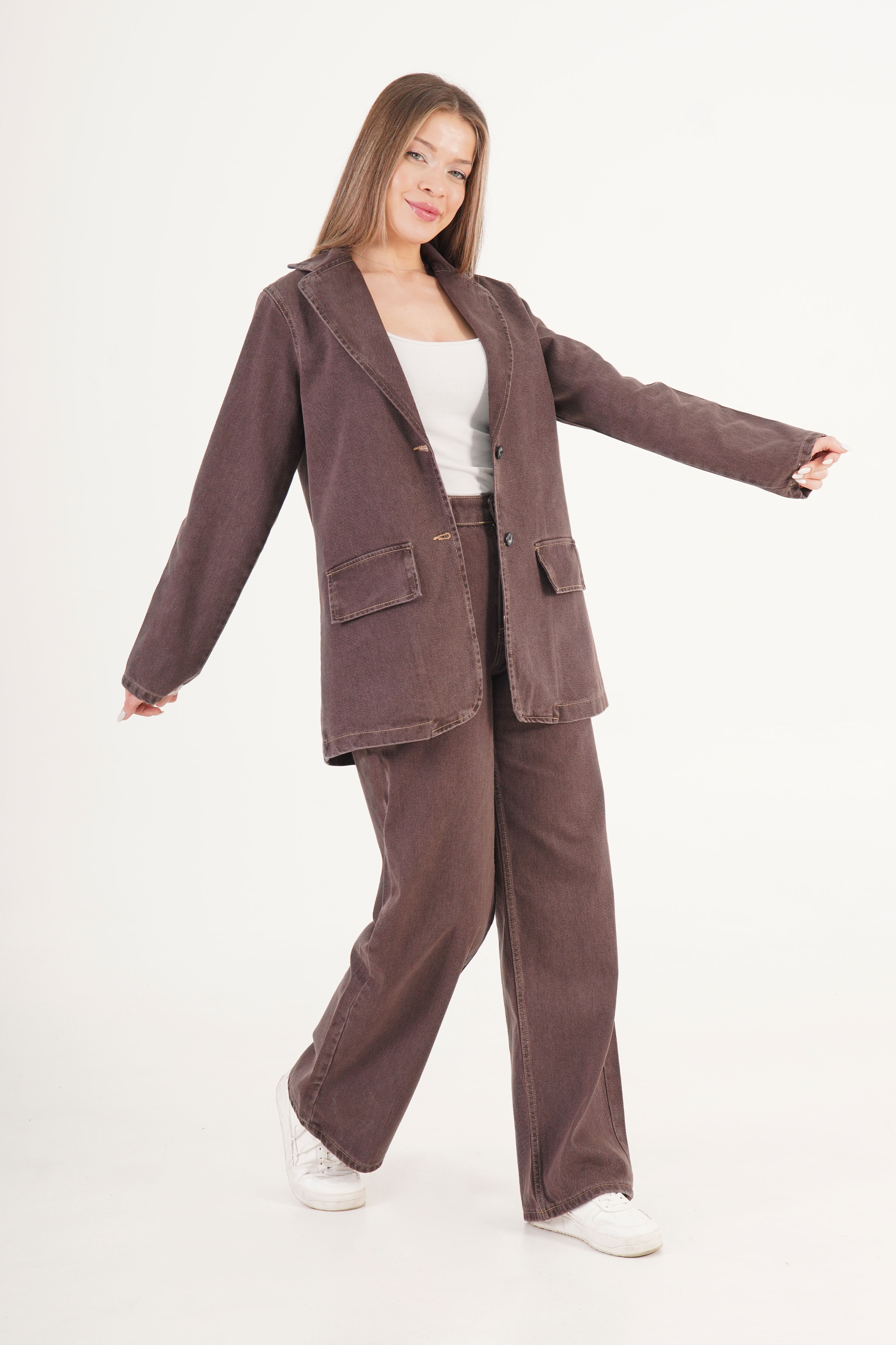 Yıkamalı Urban Kahve Ceket Pantolon Denim Toptan Takım