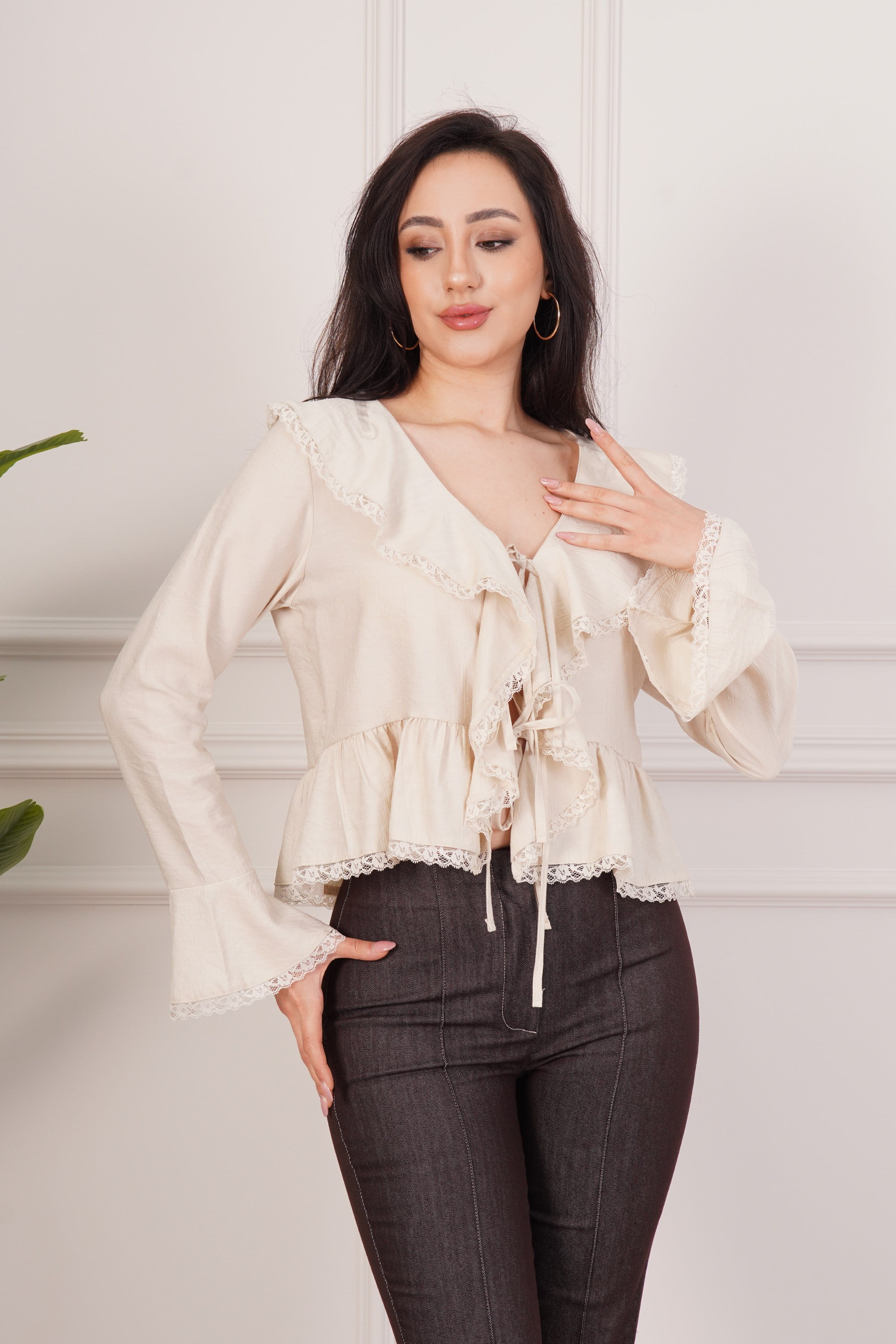 Dantel Detaylı Bağlamalı Taş Toptan Bluz