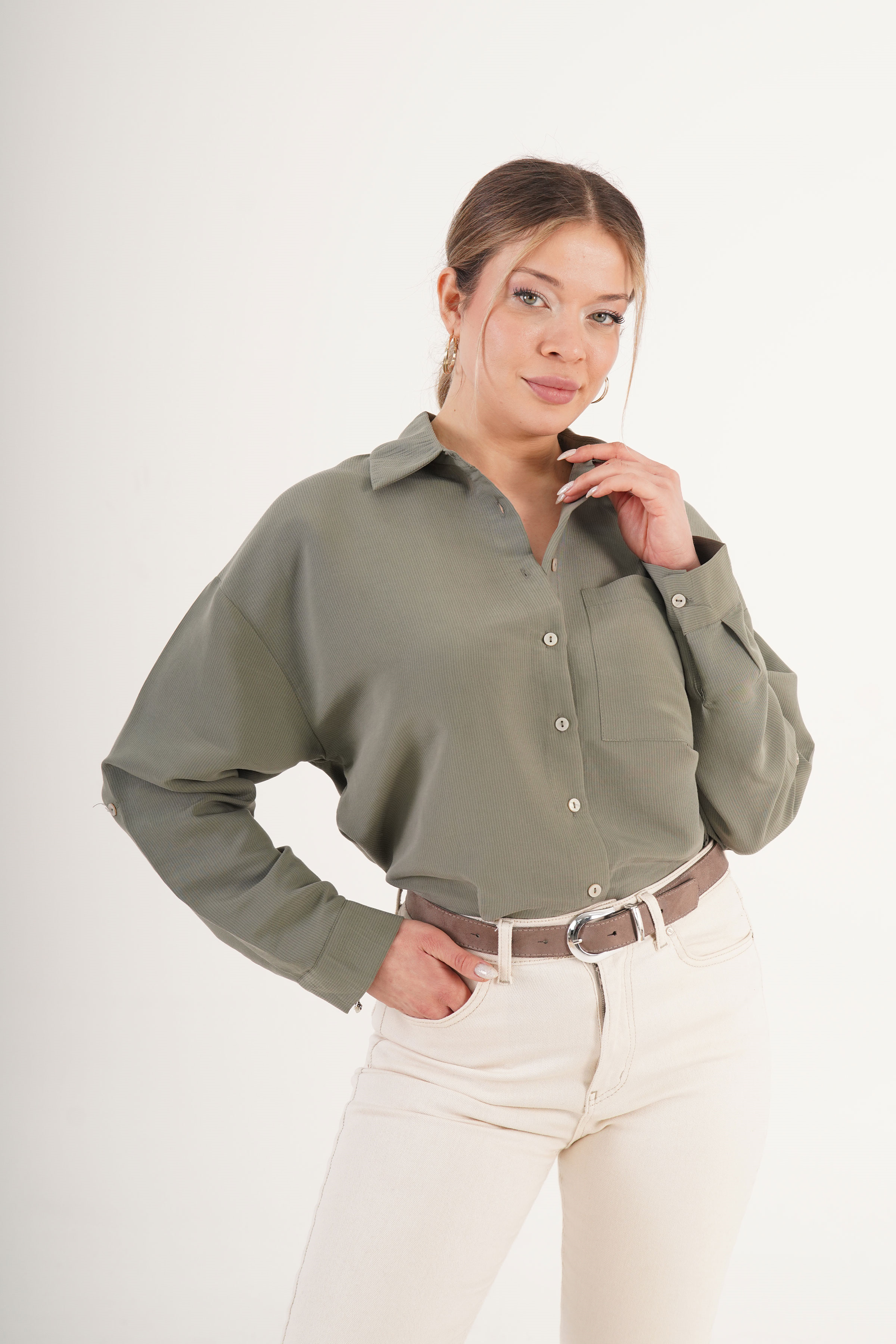 Minimal Soft Çizgili Haki Toptan Gömlek