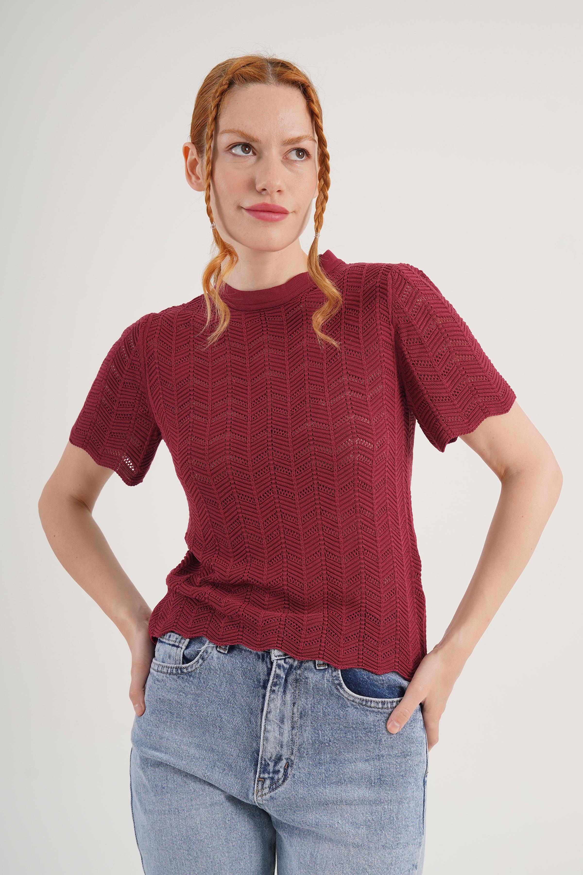 Örgü Model Kısa Kol Toptan Bordo Triko Bluz