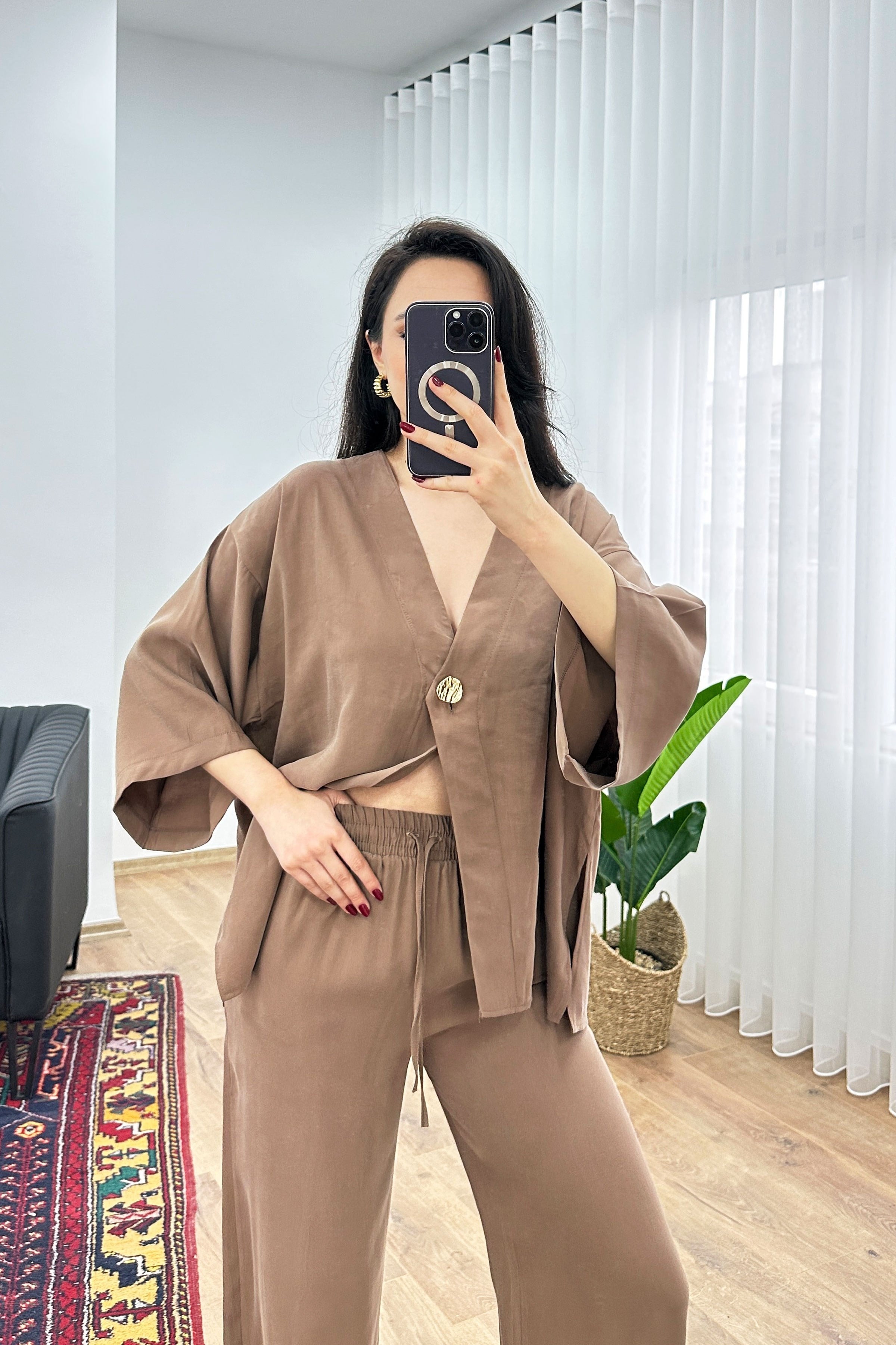 Modal Beli İp Bağlamalı Kruvaz Kahve Toptan Bluz Pantolon Takım