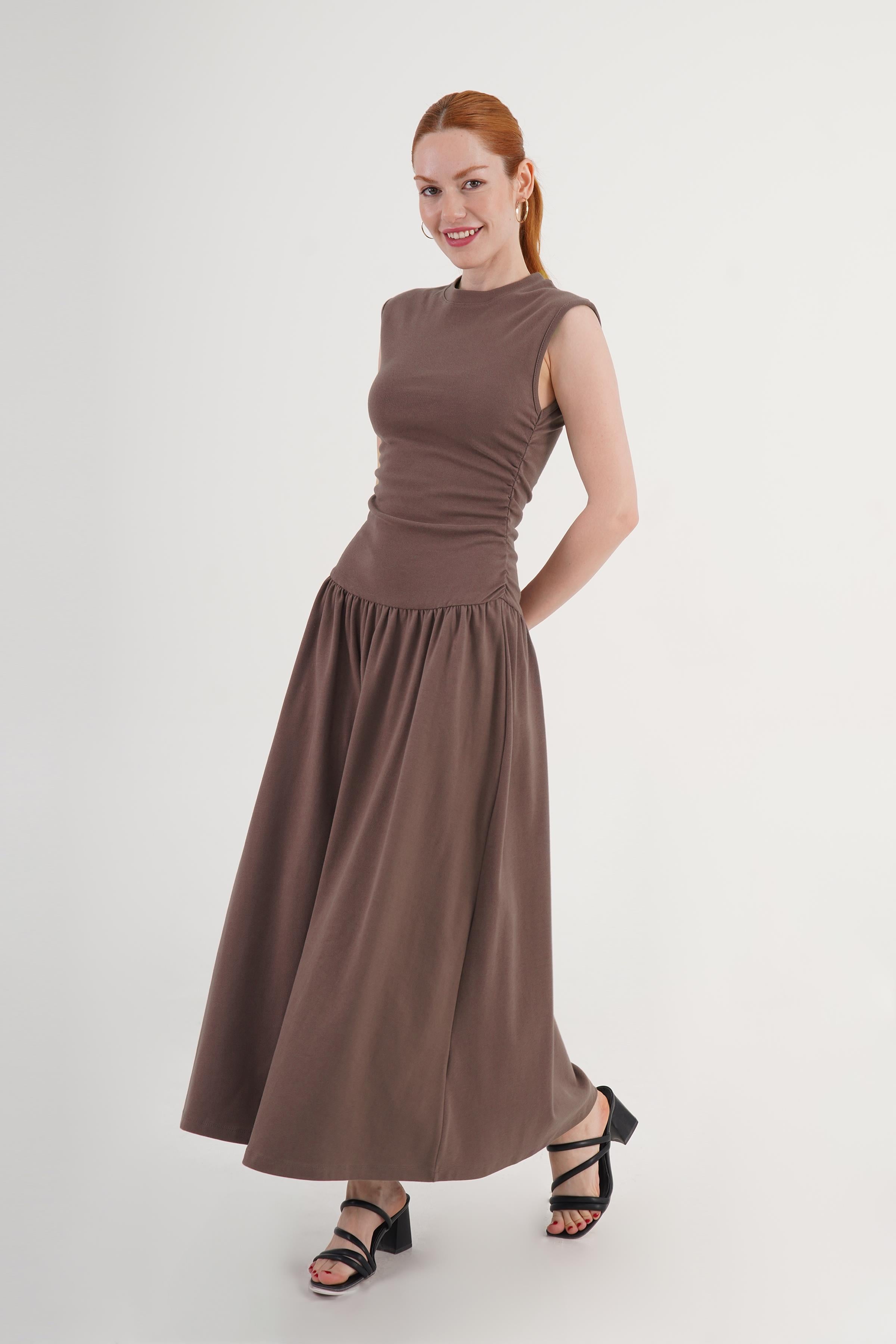 Beli Büzgülü Kahve Toptan Elbise