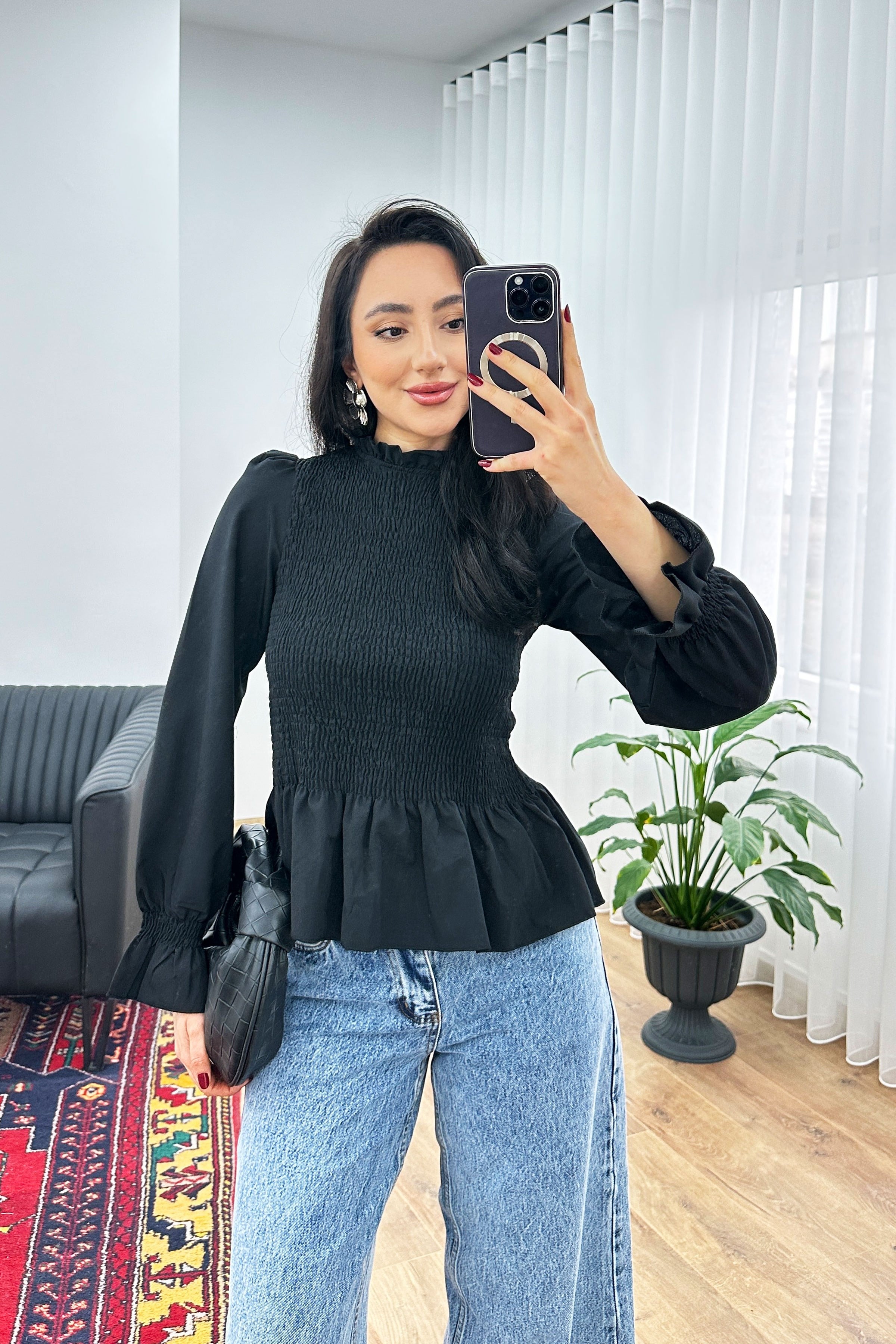 Komple Gipeli Dik Yaka Siyah Toptan Bluz