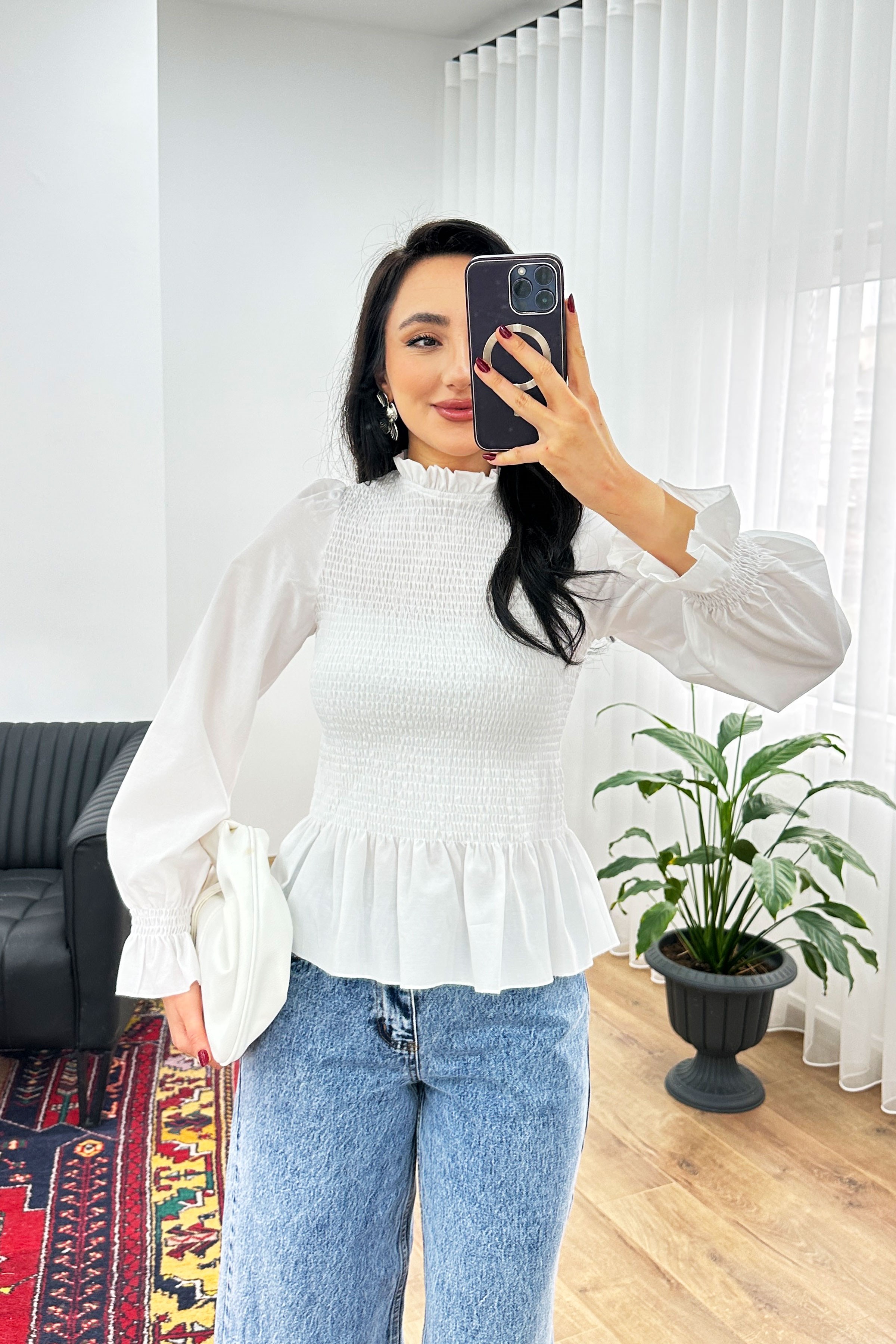 Komple Gipeli Dik Yaka Beyaz Toptan Bluz