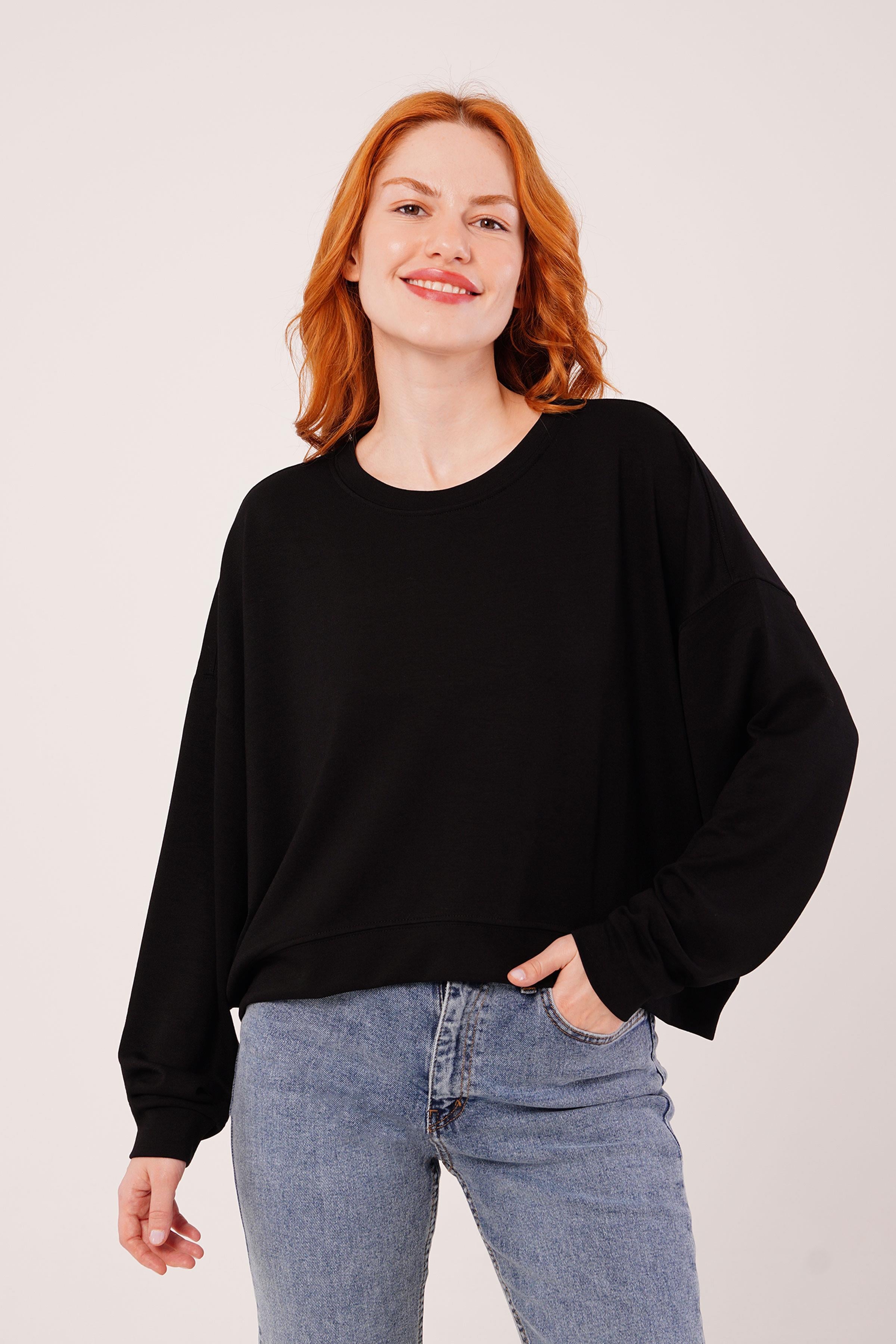 Bisiklet Yaka Basic Modal Siyah Toptan Sweatshirt