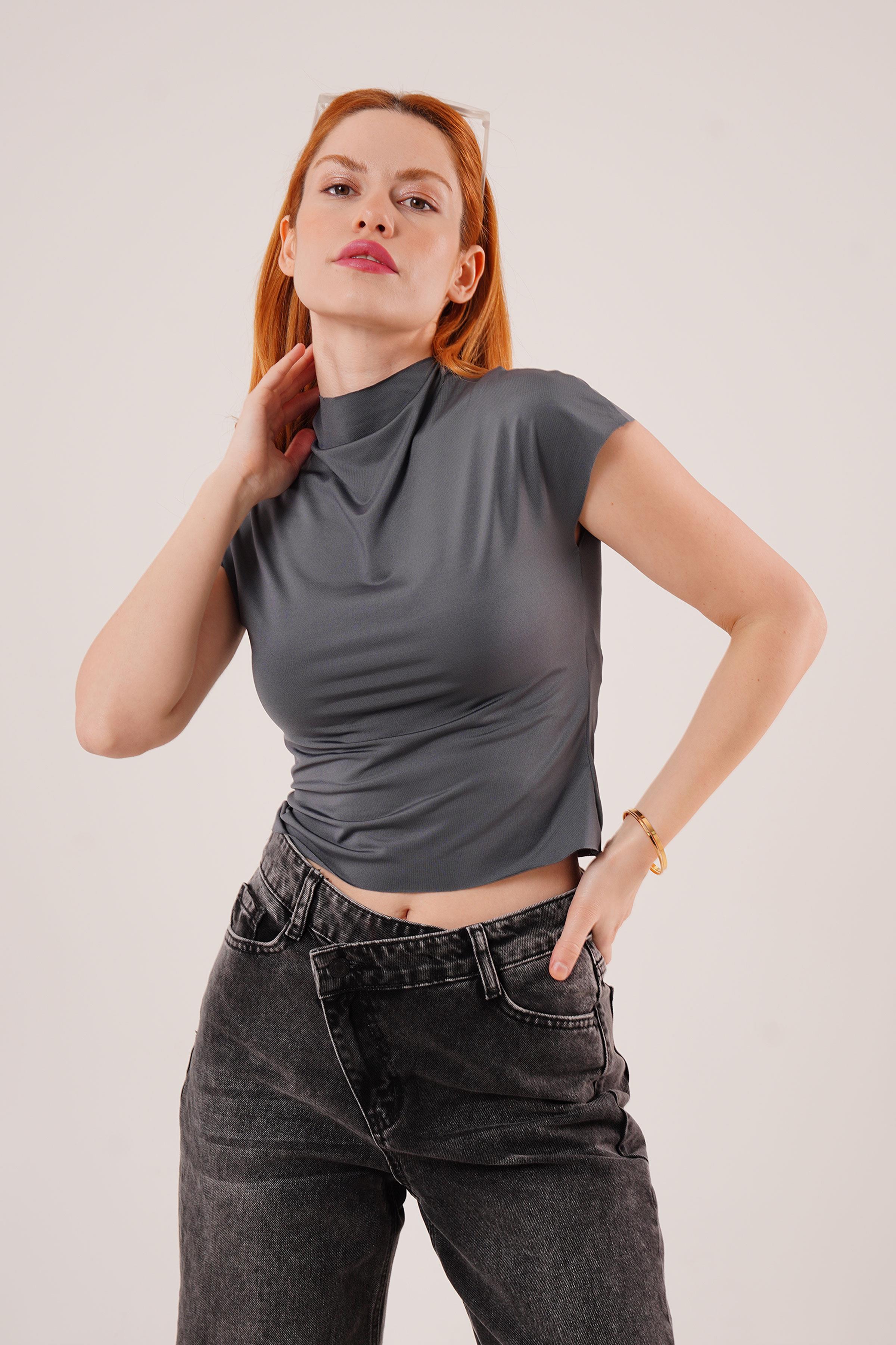 Boğazlı Parlak Kumaş Antrasit Toptan Crop